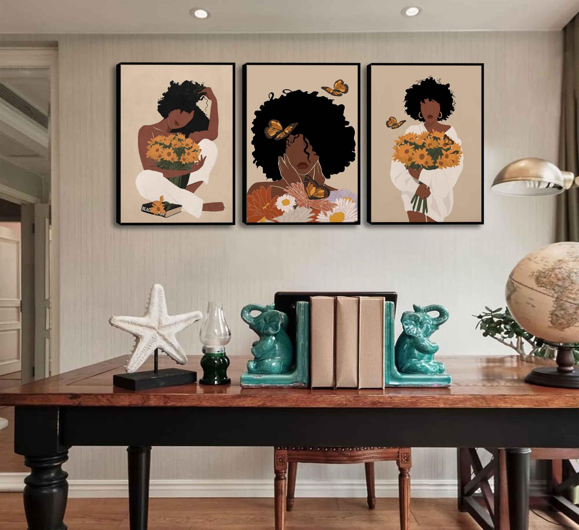 WSTUKVV 3Pcs Black Girl Bathroom Wall Art Boho Black Woman Posters Pictures African American Canvas Prints Fashion Abstract Paintings For Bathroom Home Bedroom Living Room Wall Decor Frame