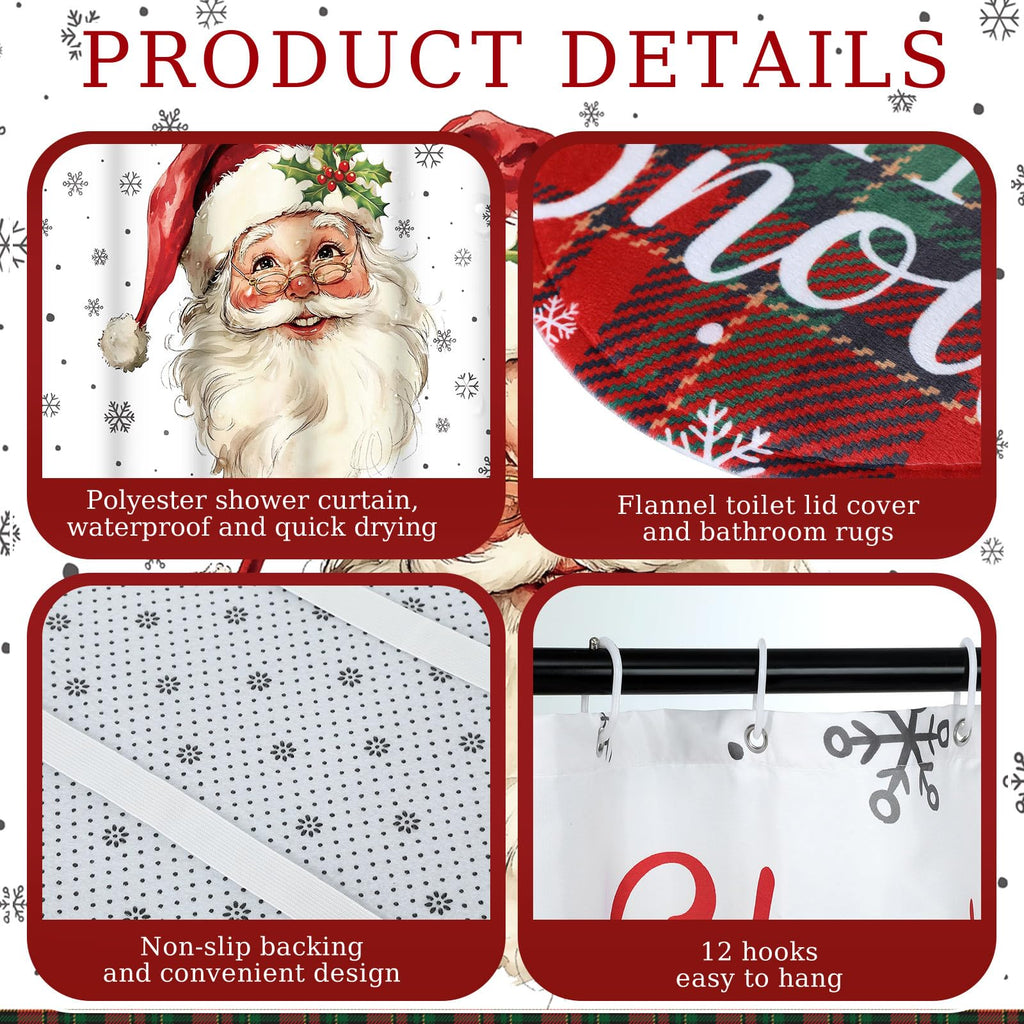 Honoson 8 Pcs Christmas Black Santa Claus Shower Curtain Set with Rugs and Kitchen Towels African American Retro Christmas Bathroom Decor Black Santa Curtain Decorations Xmas Farmhouse Gifts