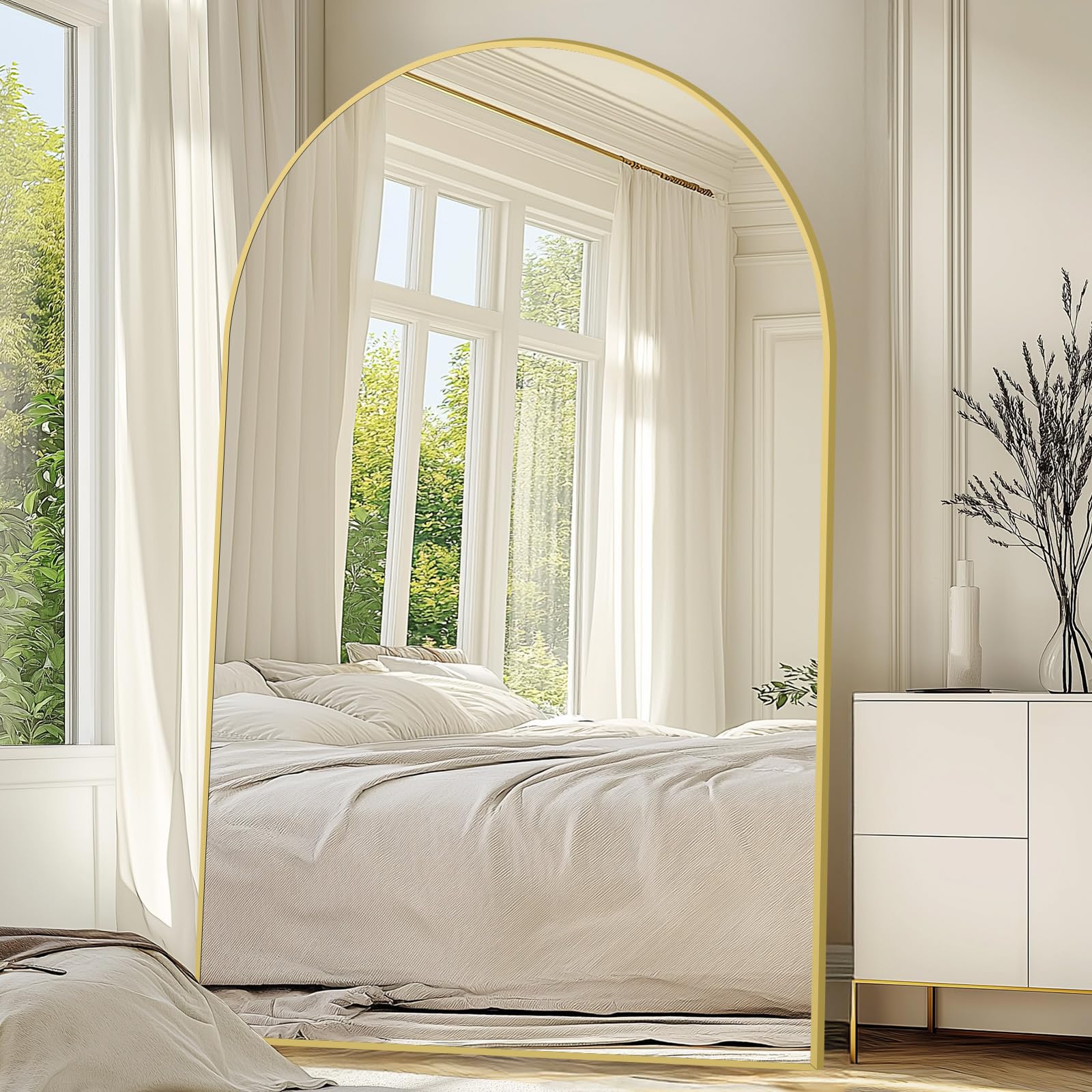 Oversized Floor Mirror Full Length with Stand, 72"X44" Extra Large Arch Standing Mirror Full Length, Tempered Glass Black Full Body Mirror for Bedroom Living Room, Aluminum Alloy Frame