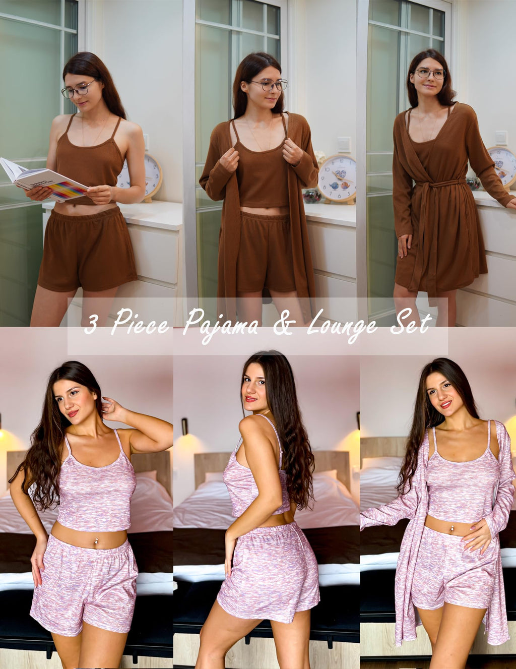 Ekouaer Womens 3 Piece Waffle Knit Lounge Set Soft Pajama Sets Tank Top and Shorts Cardigan with Pockets S-XXL