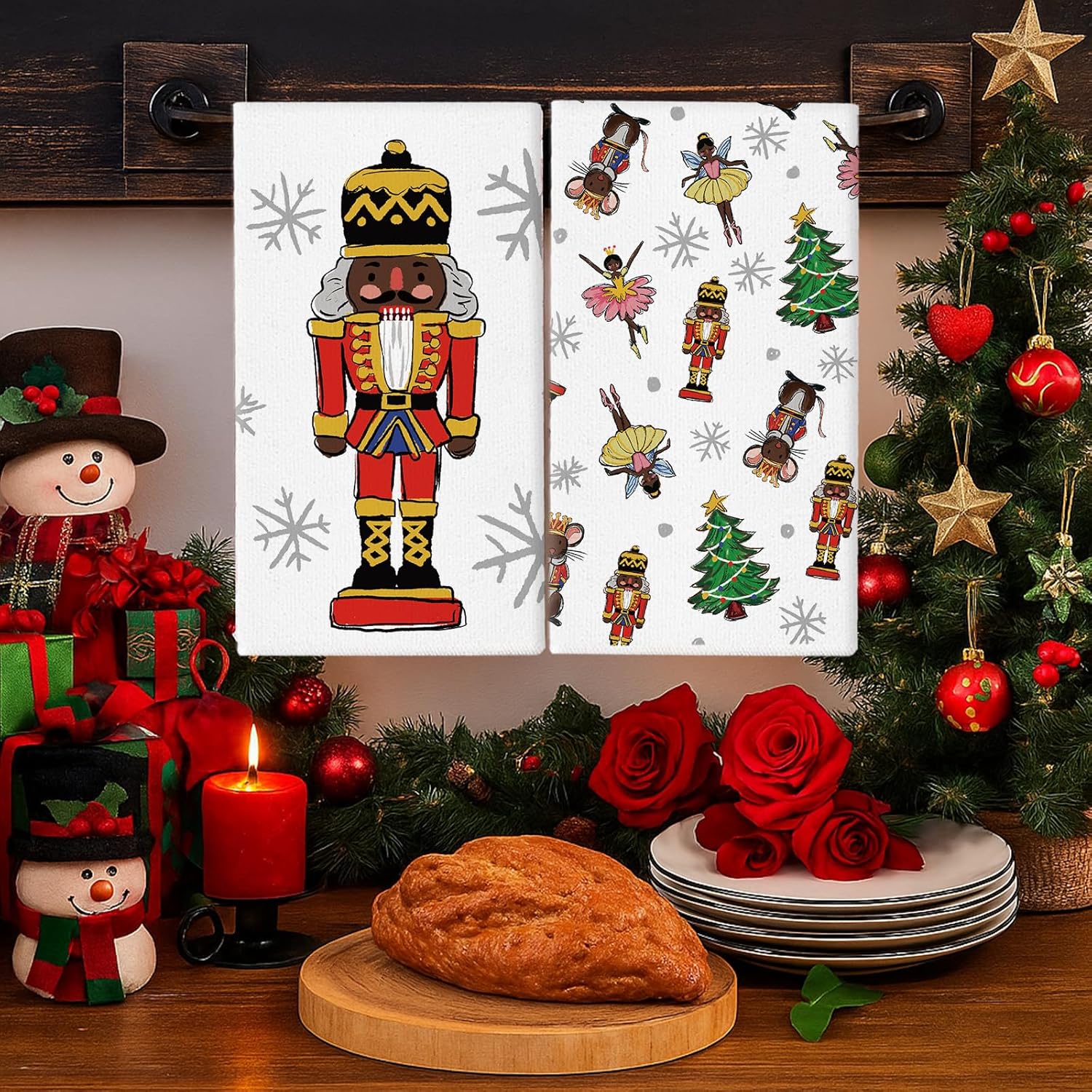 Christmas Kitchen Towels Black Nutcracker Santa 18 x 26 Inch Set of 2 African American Dish Towels Hand Towels for Winter Holiday Home Indoor Bathroom Party Dining Decor Gifts