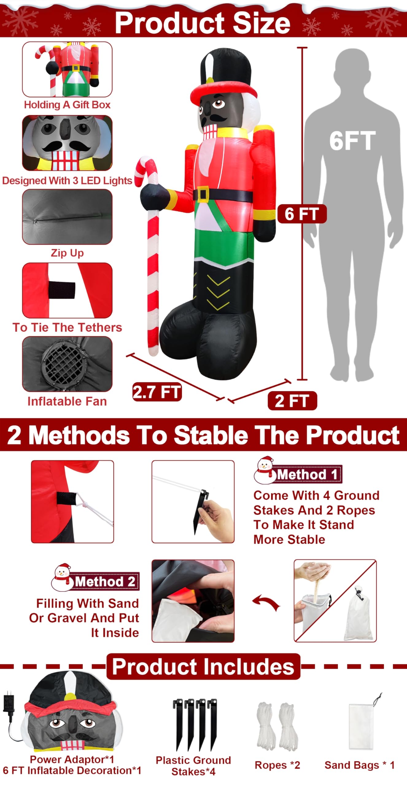 TURNMEON 6Ft Black Santa Claus Inflatables Christmas Decorations Outdoor African American Hold Gift Box LED Lights Blow Up Yard Decorations for Holiday Xmas Decor Outside Lawn Yard Garden Party