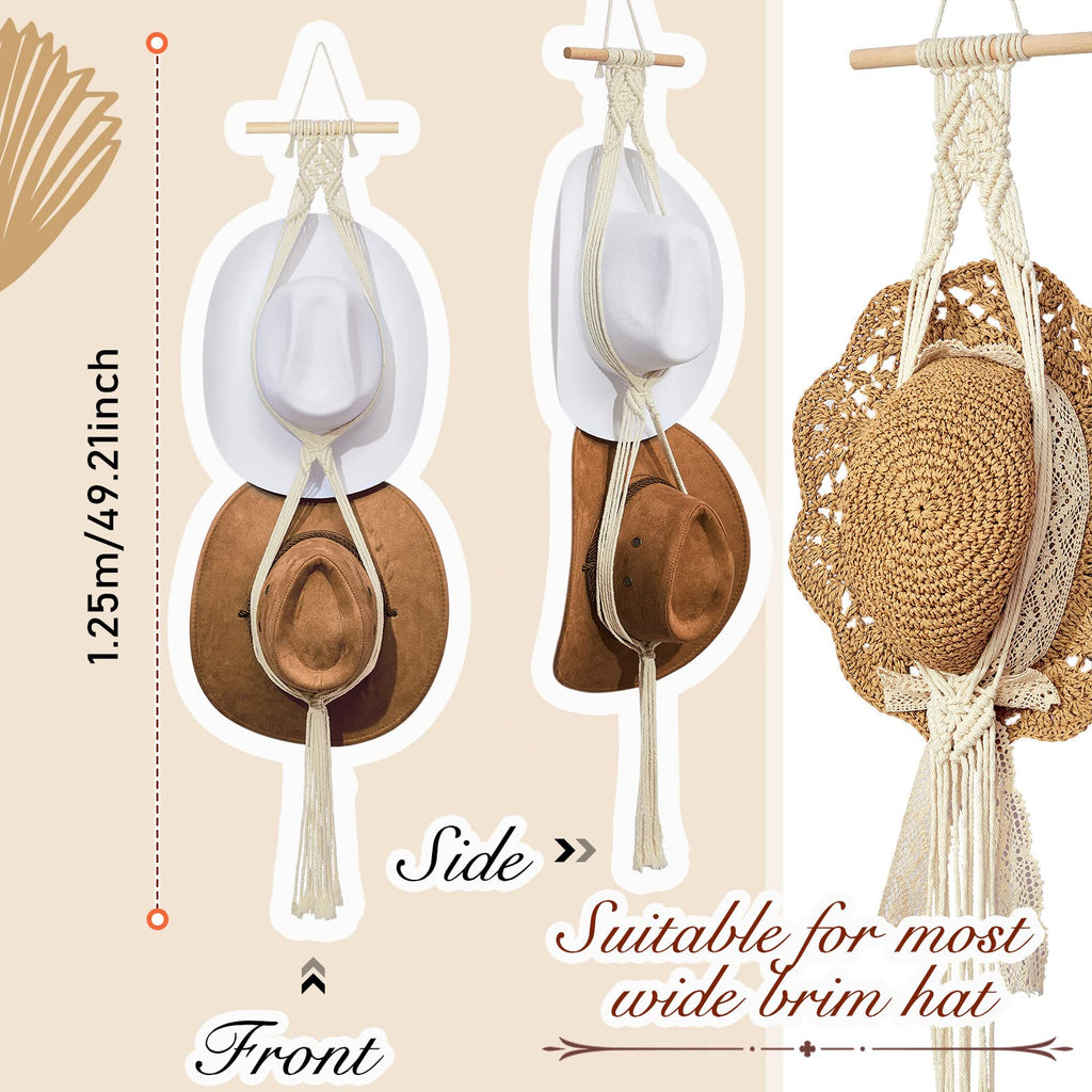 Yulejo Macrame Hat Hangers Boho Hat Rack for Wall Western Cowboy Hanging Organizer for Door Wall Room Bedroom
