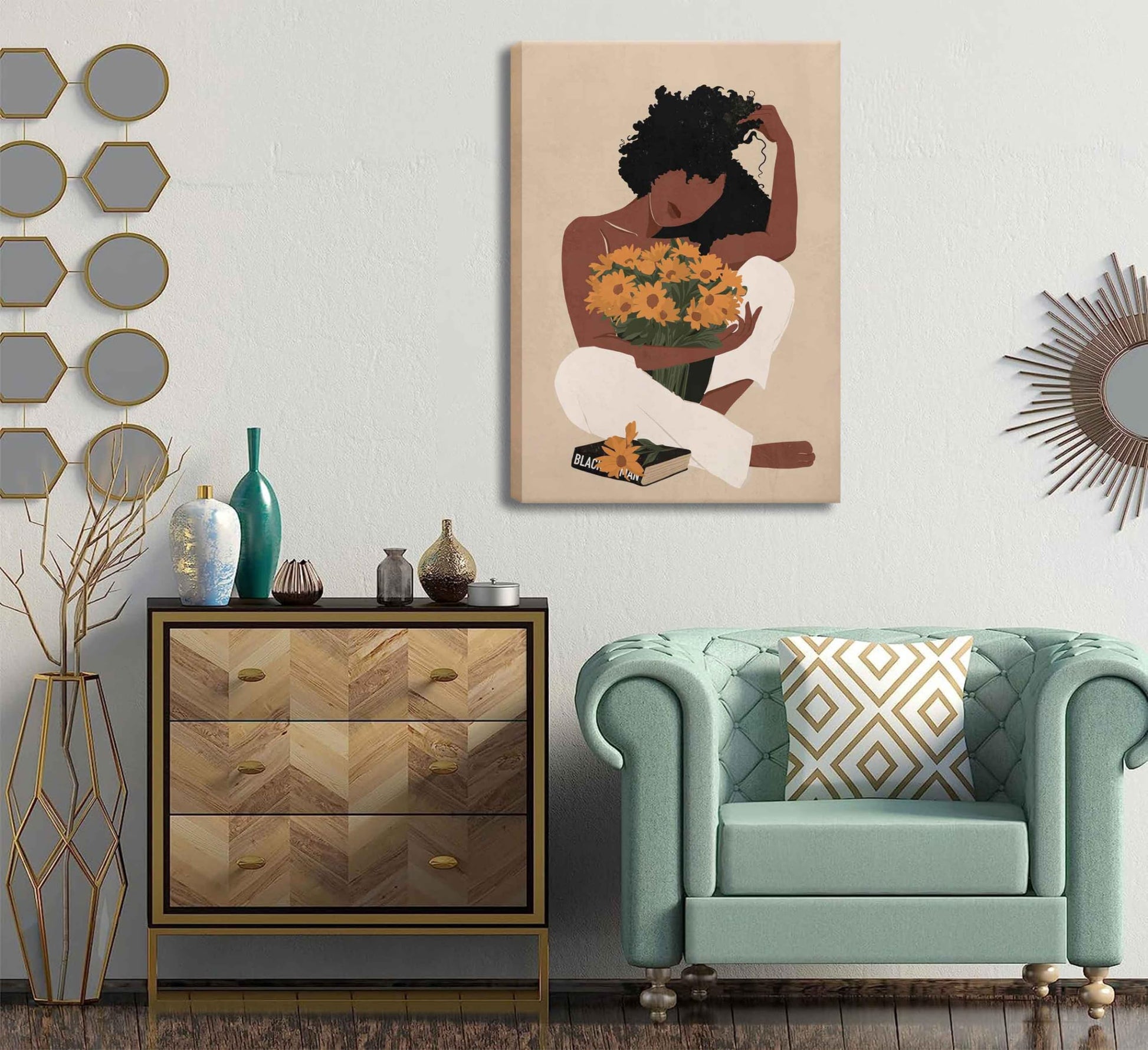 WSTUKVV 3Pcs Black Girl Bathroom Wall Art Boho Black Woman Posters Pictures African American Canvas Prints Fashion Abstract Paintings For Bathroom Home Bedroom Living Room Wall Decor Frame