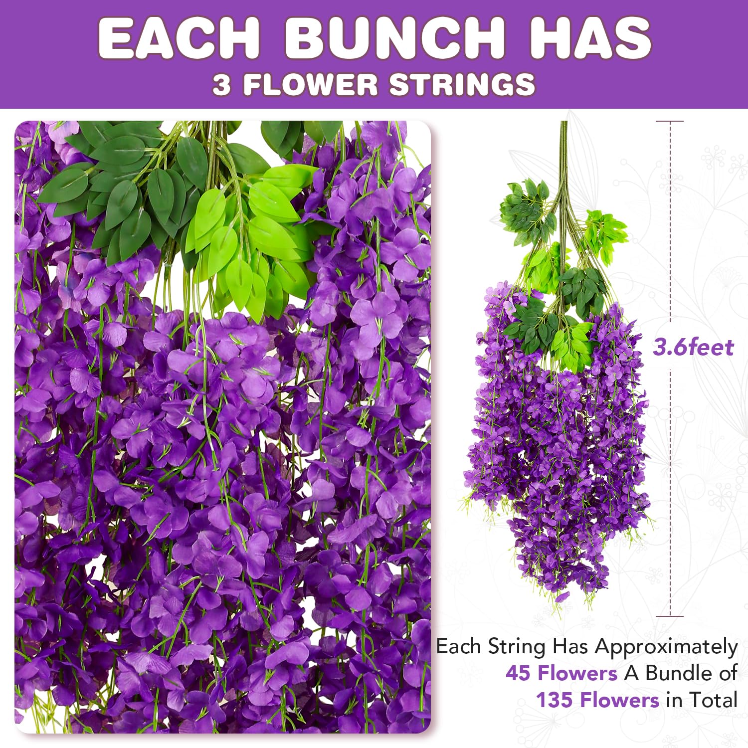 Wisteria Hanging Flowers,Fake Hanging Flowers,Wisteria artificiales Garland for Home Wedding Arch Floral Party Garden Ceremony Outdoor Decor,3.6 feet Long(36,White)