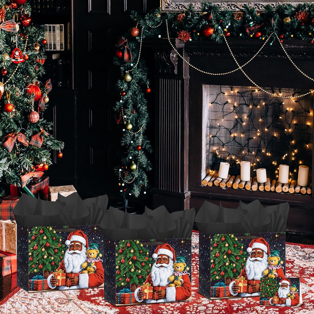 Merry Christmas Gift Bags African American Black Santa Claus Christmas Gift Wrapping Bag with Greeting Card and Tissue Wrapping Paper Large Xmas Goody Bags with Handles for Holiday Christmas Party Favors