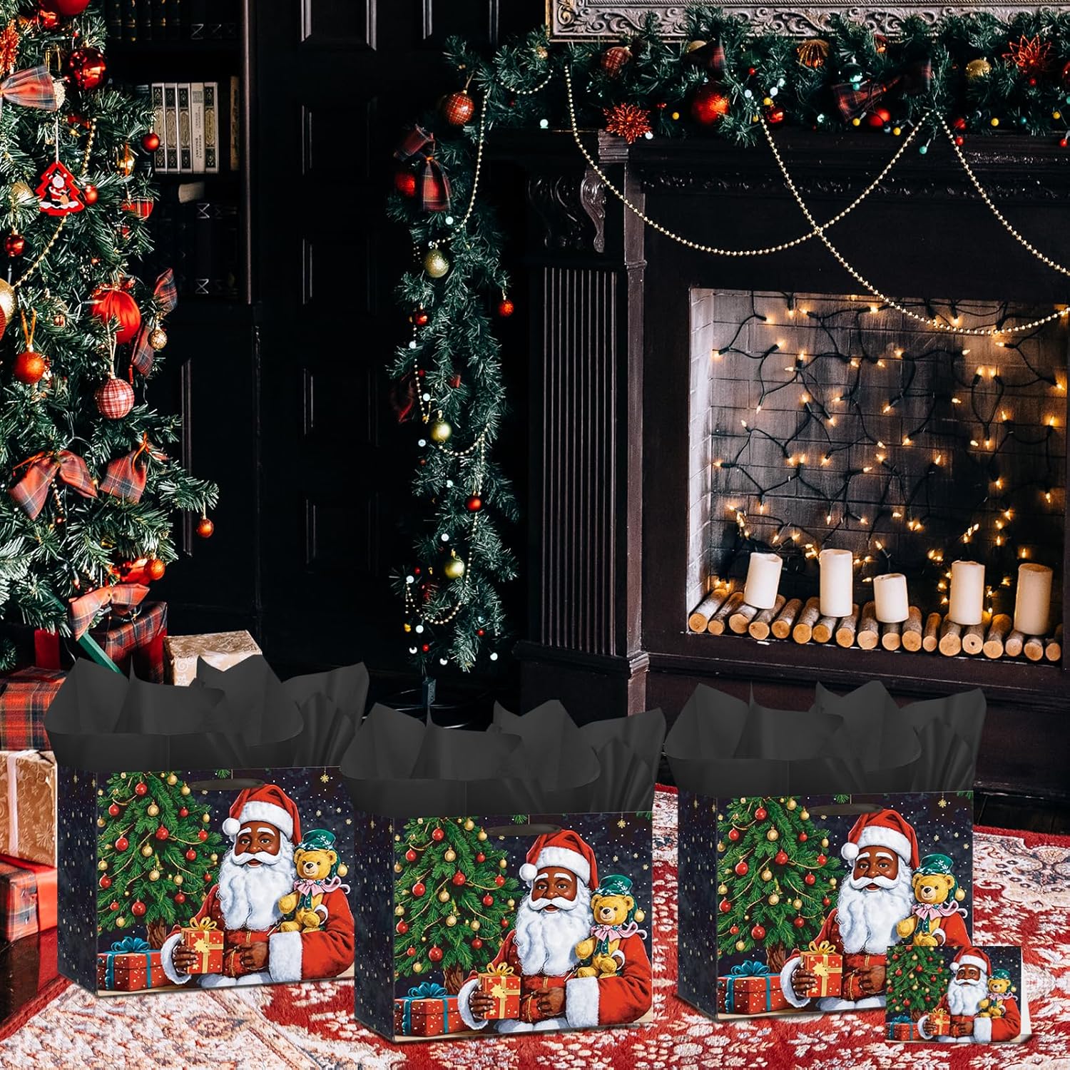 Merry Christmas Gift Bags African American Black Santa Claus Christmas Gift Wrapping Bag with Greeting Card and Tissue Wrapping Paper Large Xmas Goody Bags with Handles for Holiday Christmas Party Favors