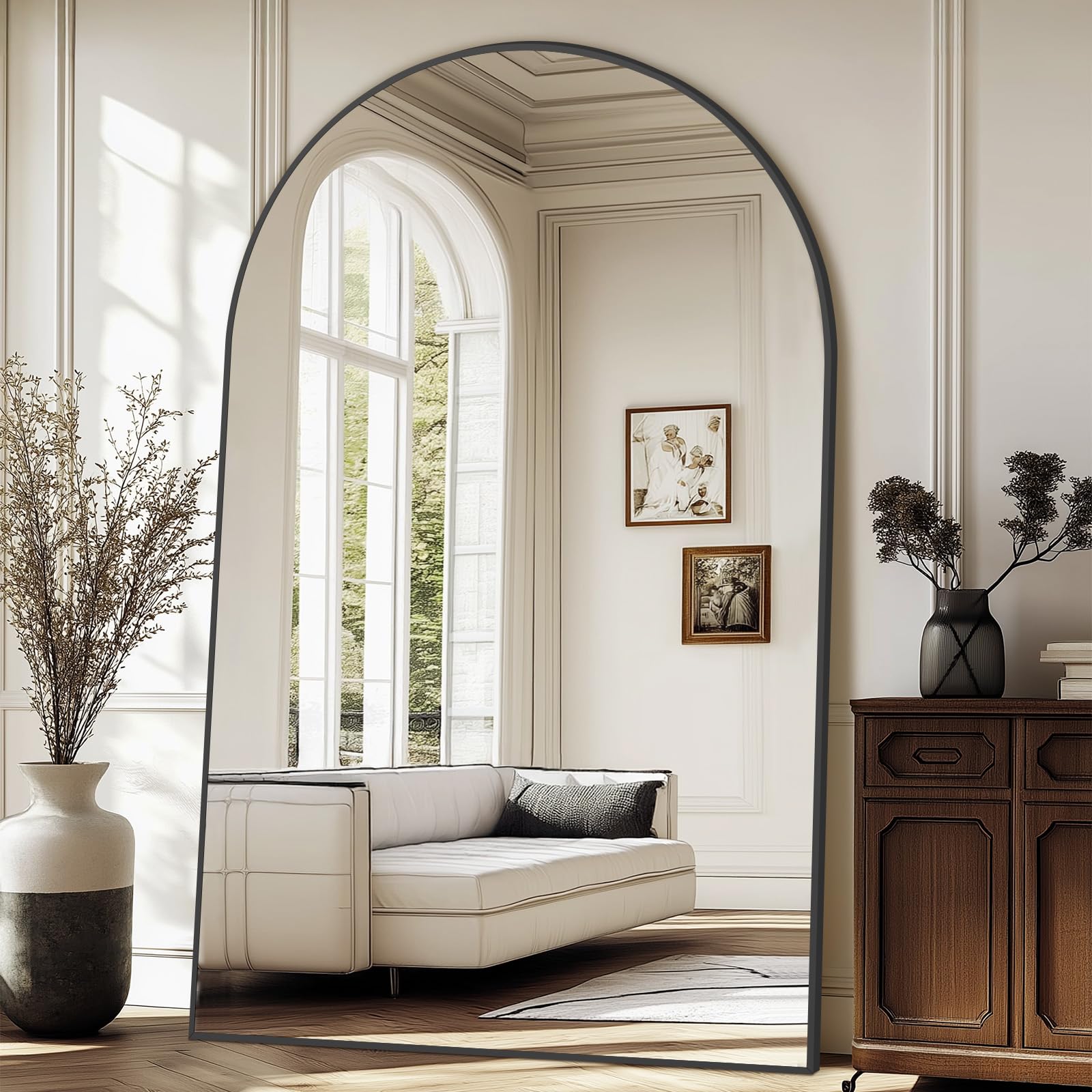 Oversized Floor Mirror Full Length with Stand, 72"X44" Extra Large Arch Standing Mirror Full Length, Tempered Glass Black Full Body Mirror for Bedroom Living Room, Aluminum Alloy Frame