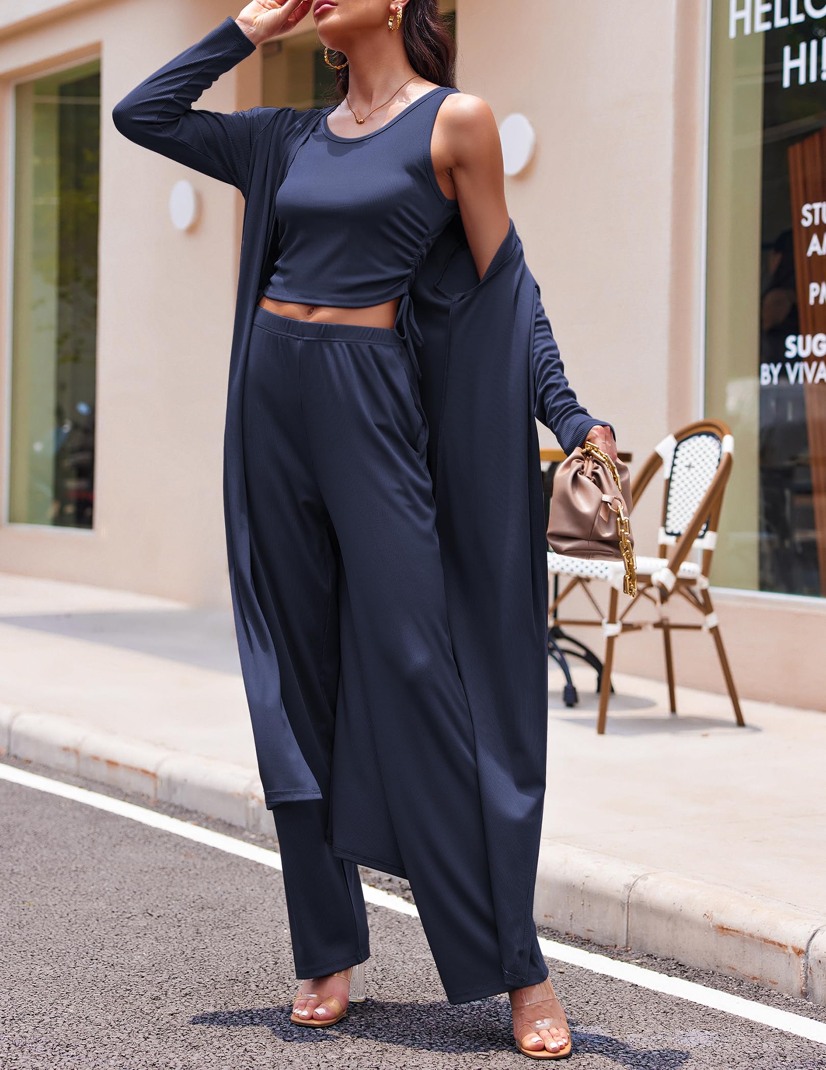 Ekouaer Women's 3 Piece Knit Lounge Set Pajama Long Sleeve Cardigan Sleeveless Top Pants Sweatsuit S-XXL