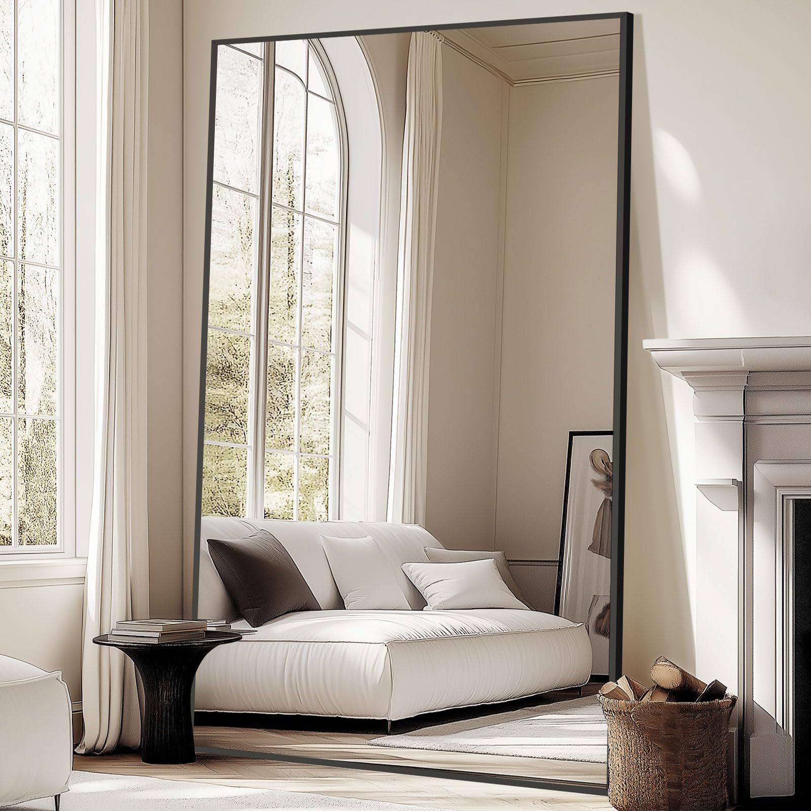 Oversized Floor Mirror Full Length with Stand, 72"X44" Extra Large Arch Standing Mirror Full Length, Tempered Glass Black Full Body Mirror for Bedroom Living Room, Aluminum Alloy Frame