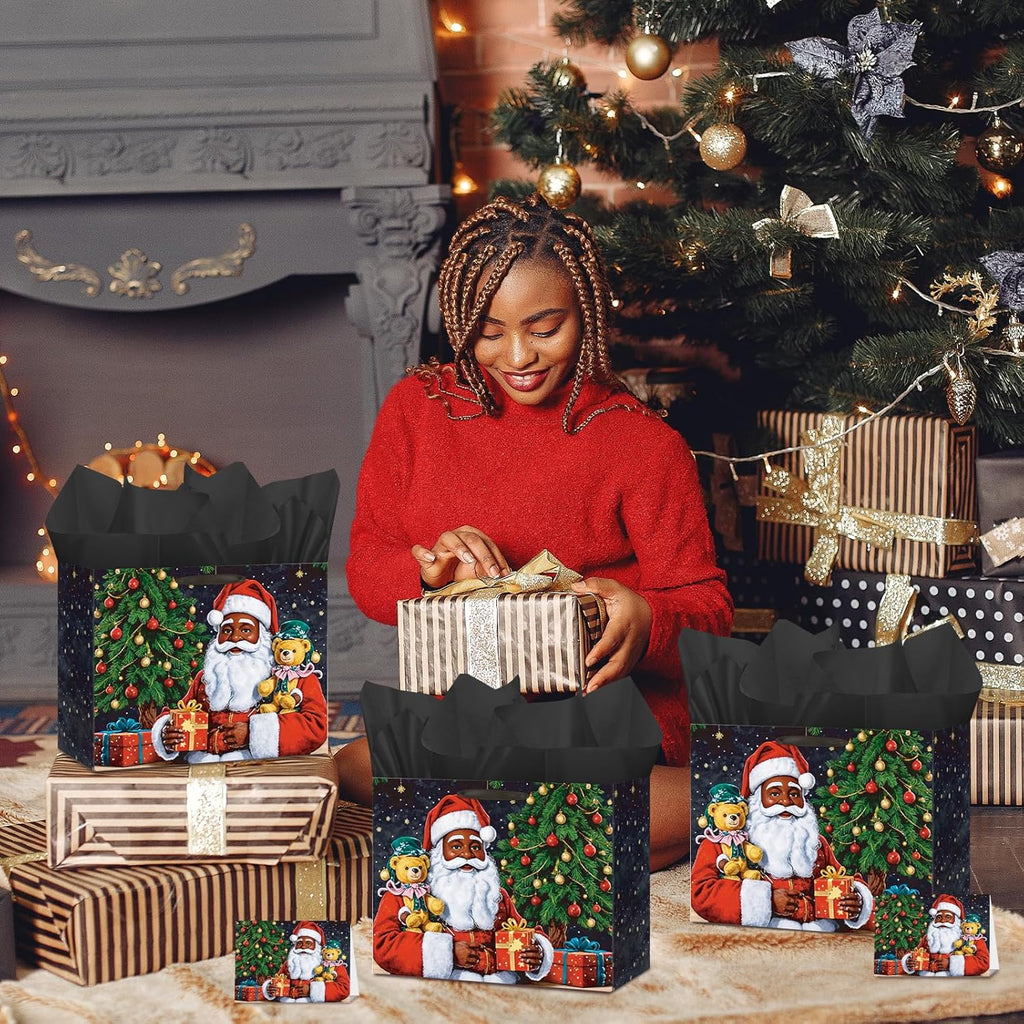 Merry Christmas Gift Bags African American Black Santa Claus Christmas Gift Wrapping Bag with Greeting Card and Tissue Wrapping Paper Large Xmas Goody Bags with Handles for Holiday Christmas Party Favors