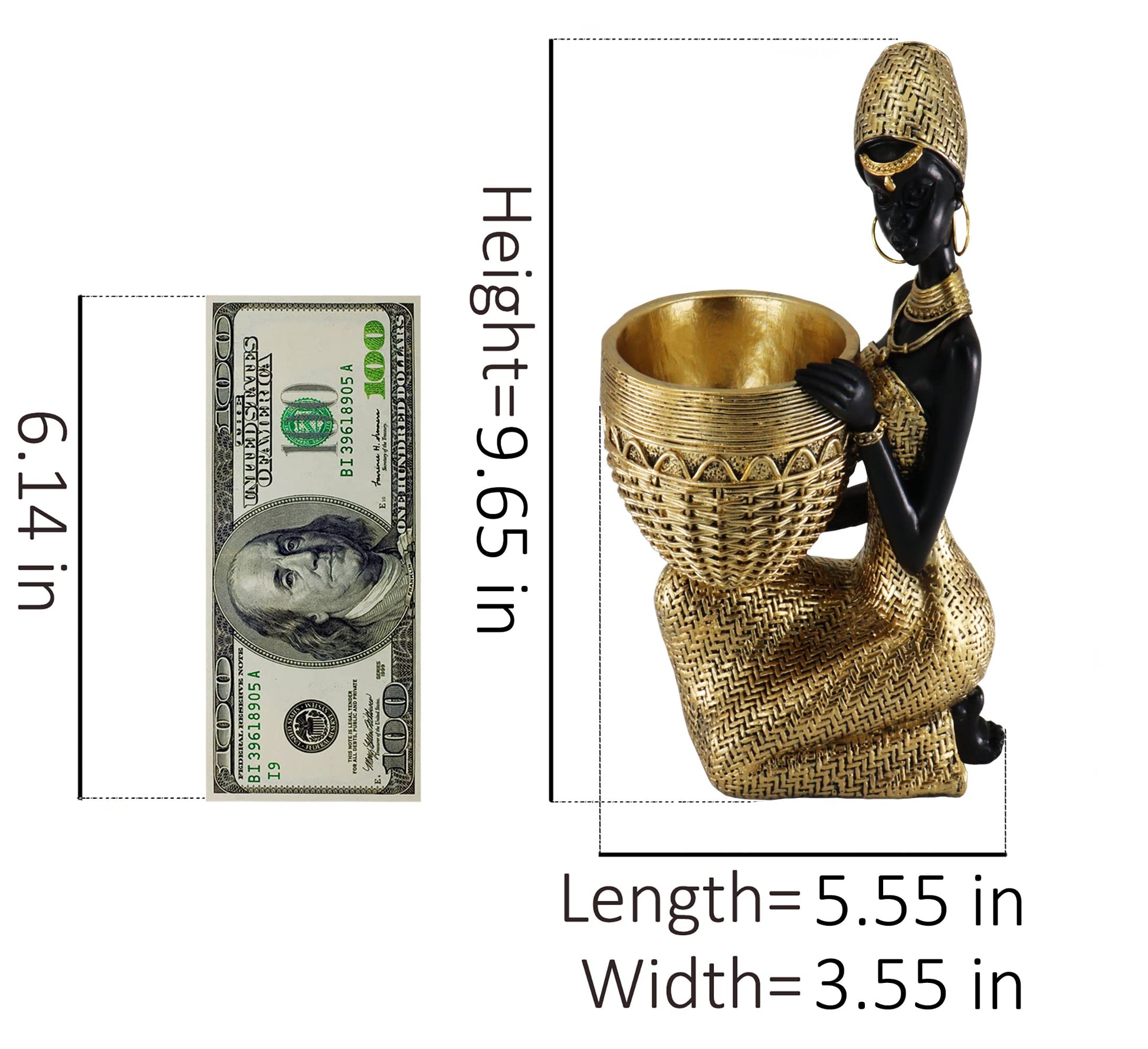 Handmade African Tribal Woman Sculpture - Gold Adorned Seated Figure with Basket, Vintage Resin Statue for Home Decor, Unique Housewarming Gift for Shelf/Table (9.65" H)