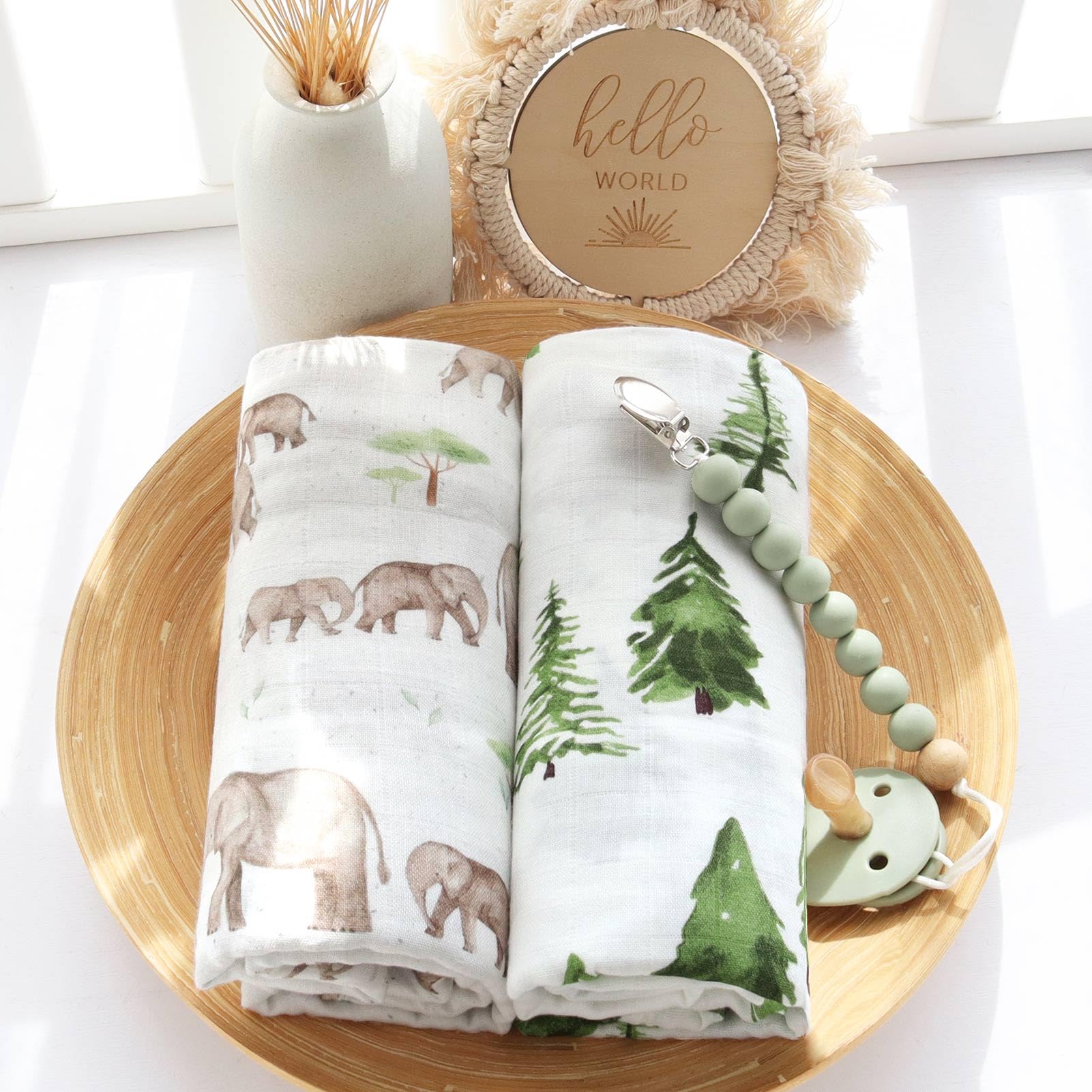 LifeTree Muslin Swaddle Blankets, Baby Swaddling Wrap Nursery Blanket Unisex, Soft 70% Viscose from Bamboo and 30% Cotton, Large 47 x 47 inches, Bear & Checkered Swaddle Blanket