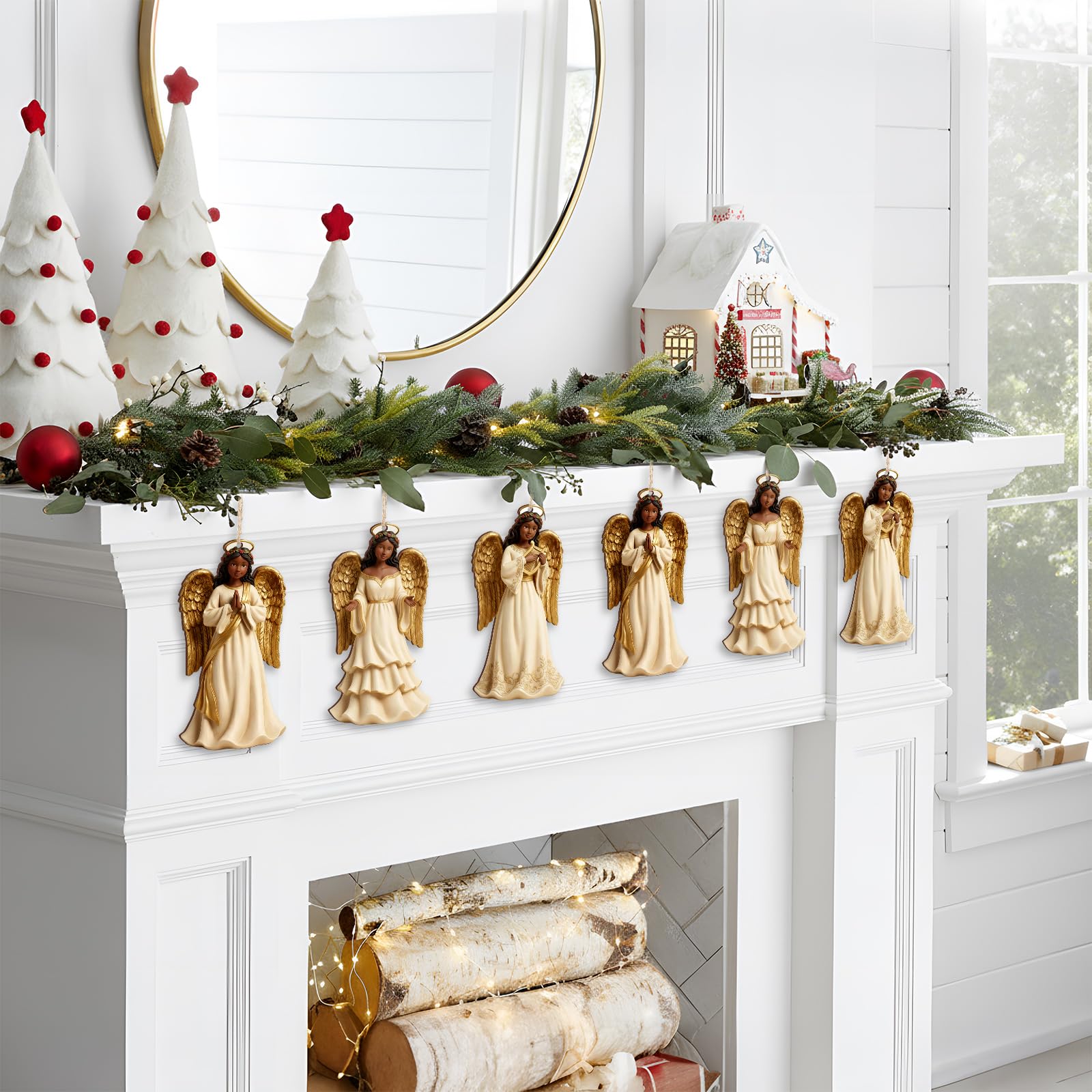 Youyole 24 Pcs Christmas Decoration African American Angel Ornaments with Cardinal Black Angel Ornaments Xmas Wooden Decor Gift for Christmas Tree Fireplace Office Holiday Decor (Wings)