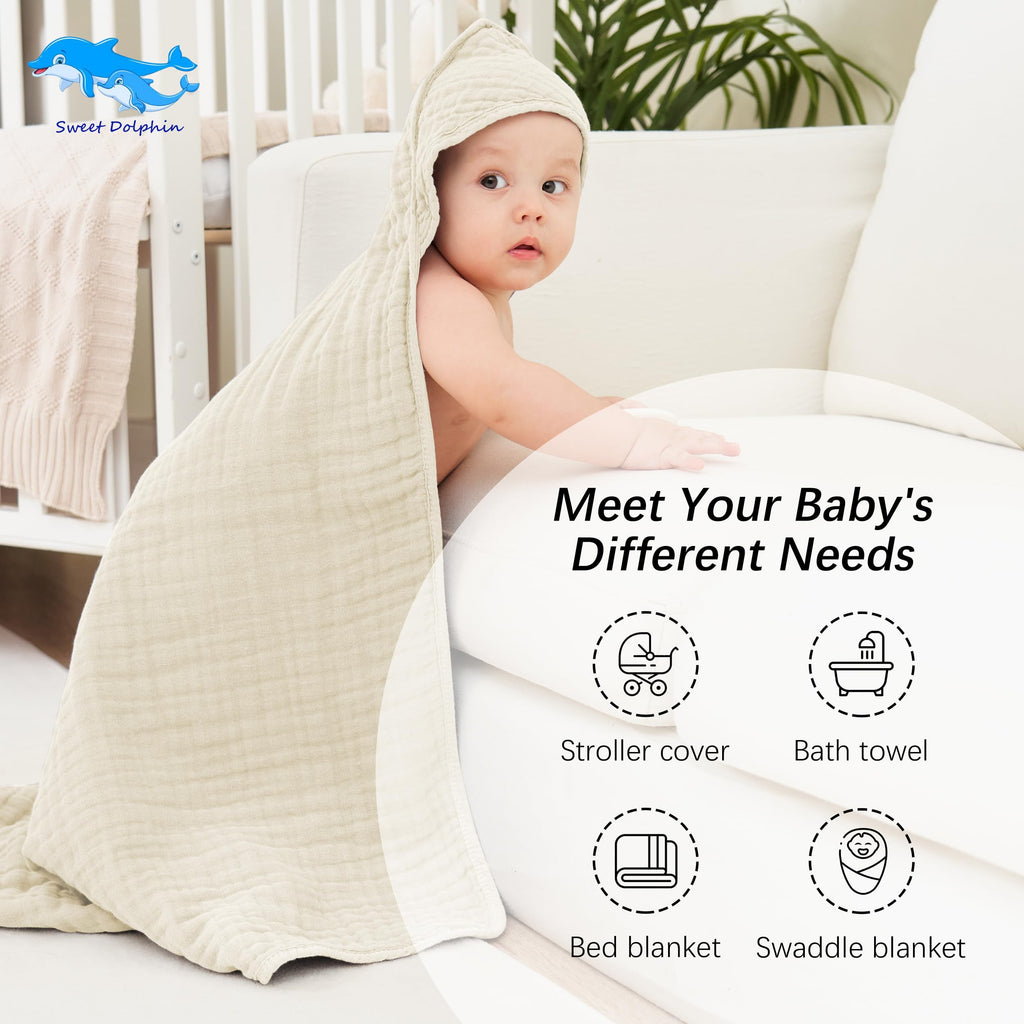 SWEET DOLPHIN Muslin Hooded Baby Bath Towels - 2 Pack 100% Cotton Towel for Babies, Infants, Toddlers - 32x32Inch - Highly Absorbent and Newborn Essential, Light Bean Paste