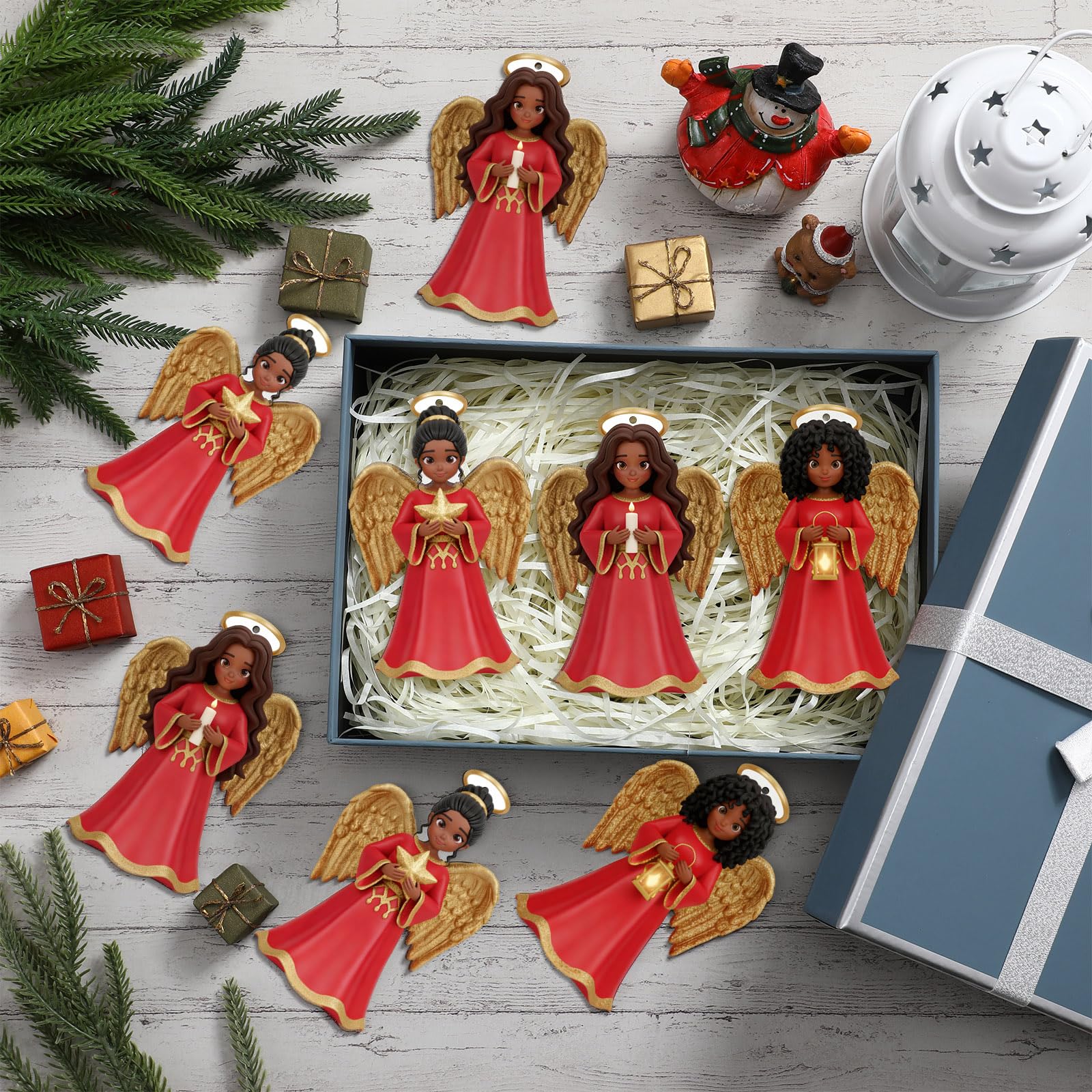 Youyole 24 Pcs Christmas Decoration African American Angel Ornaments with Cardinal Black Angel Ornaments Xmas Wooden Decor Gift for Christmas Tree Fireplace Office Holiday Decor (Wings)