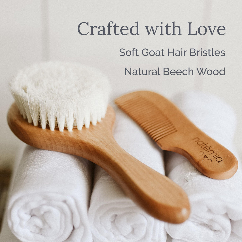 Natemia Wooden Baby Hair Brush & Comb Set - Pack of 3, Oval - Natural Goat Hair Bristles & Soft Bristle Brush - Gentle Scalp Massage & Cradle Cap Comb - For Newborns & Toddlers, Baby Grooming Kit
