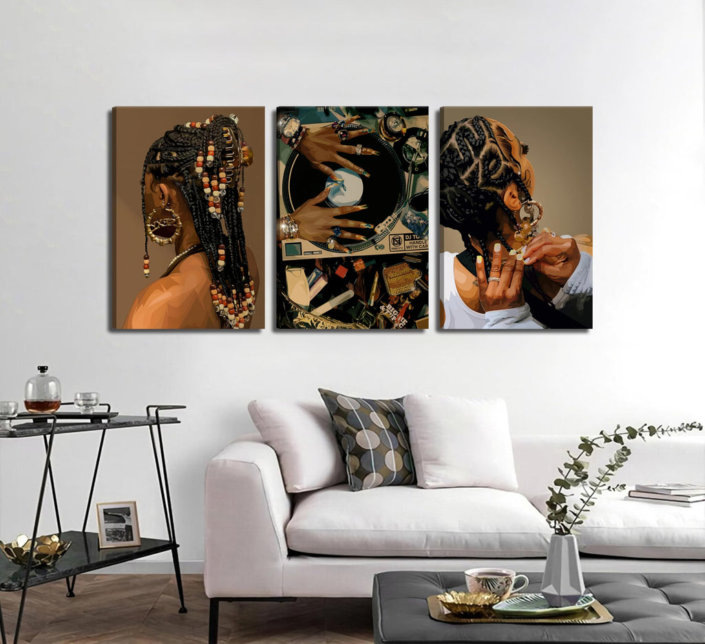 3Pcs Black Woman Canvas Wall art Boho Fashion Black Girl Painting Picture Wall Decor Abstract African American Poster Print Artwork for Living Room Bedroom Office Home Decoration,16x24in Canvas