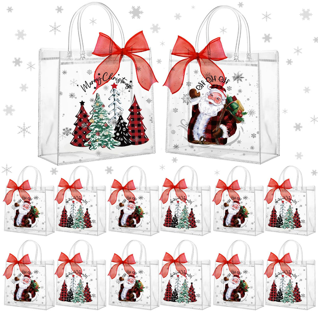 Motipuns 24 Pcs Christmas Clear PVC Gift Bags with Handles and Ribbon African American Black Santa Claus Party Favor Reusable Plastic Candy Treat Tote Bags for Merry New year Xmas Birthday Supplies