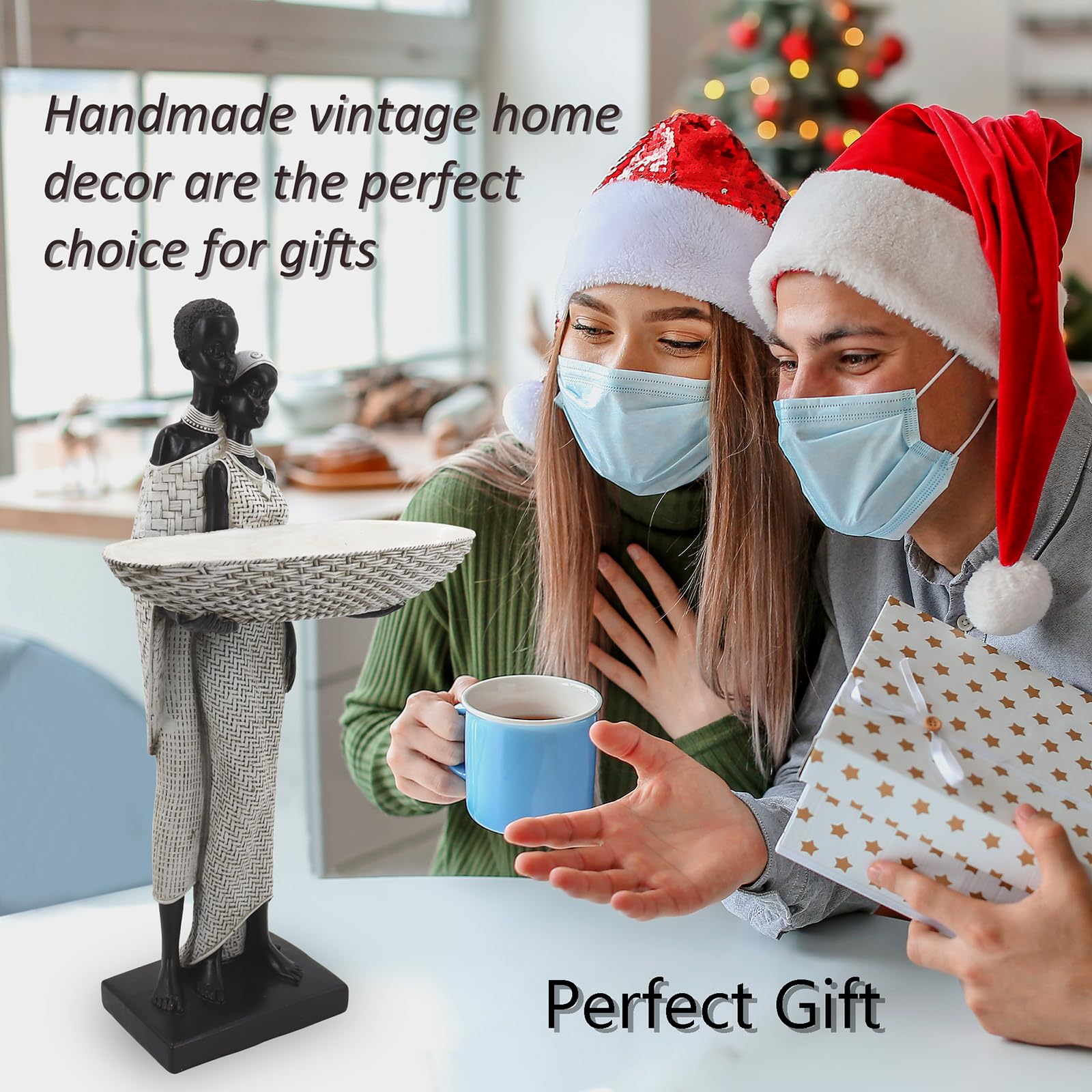 Handmade African Tribal Woman Sculpture - Gold Adorned Seated Figure with Basket, Vintage Resin Statue for Home Decor, Unique Housewarming Gift for Shelf/Table (9.65" H)