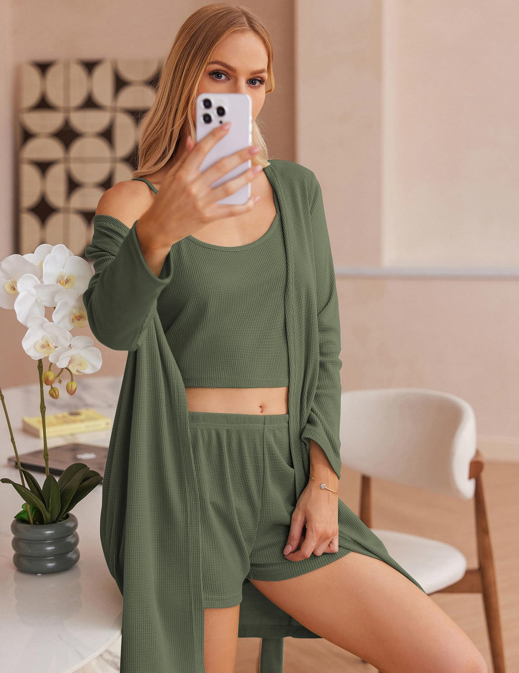 Ekouaer Womens 3 Piece Waffle Knit Lounge Set Soft Pajama Sets Tank Top and Shorts Cardigan with Pockets S-XXL