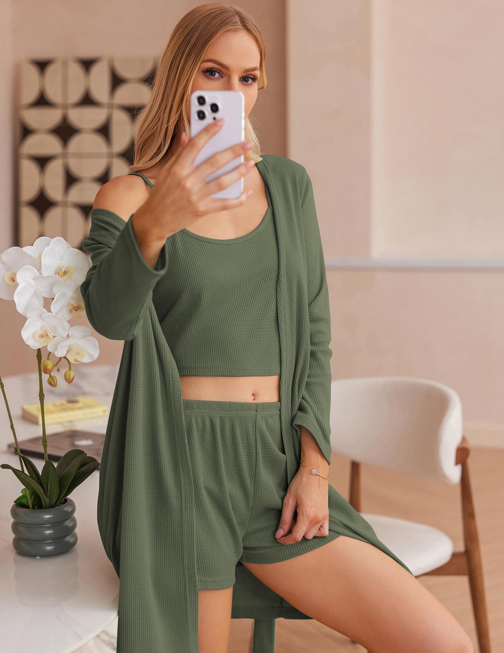 Ekouaer Womens 3 Piece Waffle Knit Lounge Set Soft Pajama Sets Tank Top and Shorts Cardigan with Pockets S-XXL