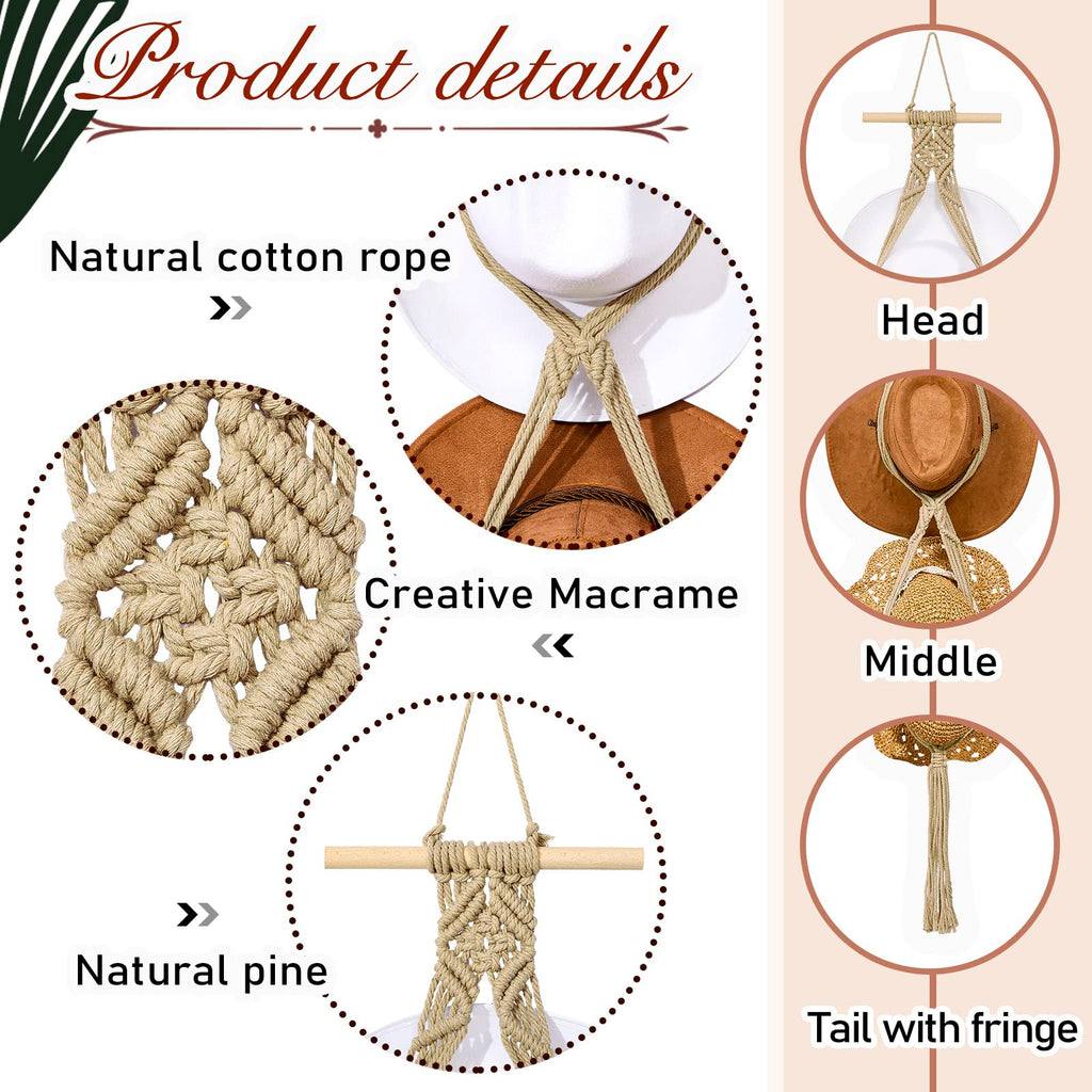 Yulejo Macrame Hat Hangers Boho Hat Rack for Wall Western Cowboy Hanging Organizer for Door Wall Room Bedroom