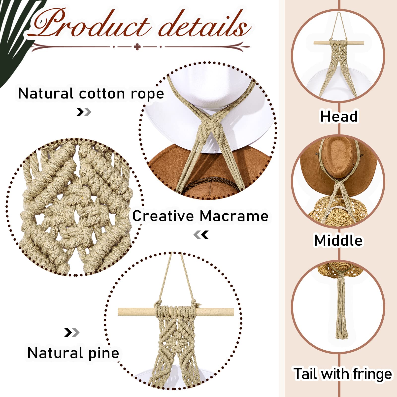 Yulejo Macrame Hat Hangers Boho Hat Rack for Wall Western Cowboy Hanging Organizer for Door Wall Room Bedroom