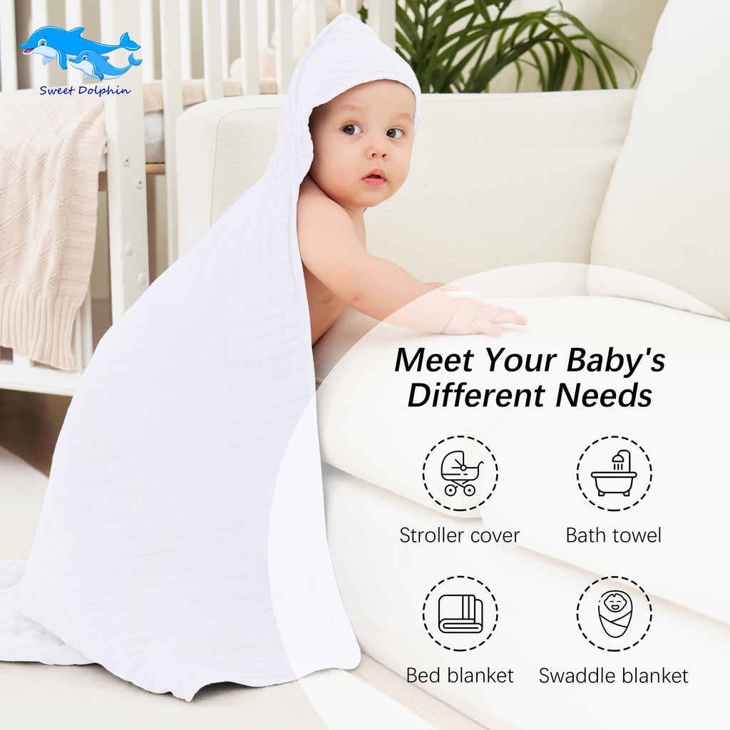 SWEET DOLPHIN Muslin Hooded Baby Bath Towels - 2 Pack 100% Cotton Towel for Babies, Infants, Toddlers - 32x32Inch - Highly Absorbent and Newborn Essential, Light Bean Paste
