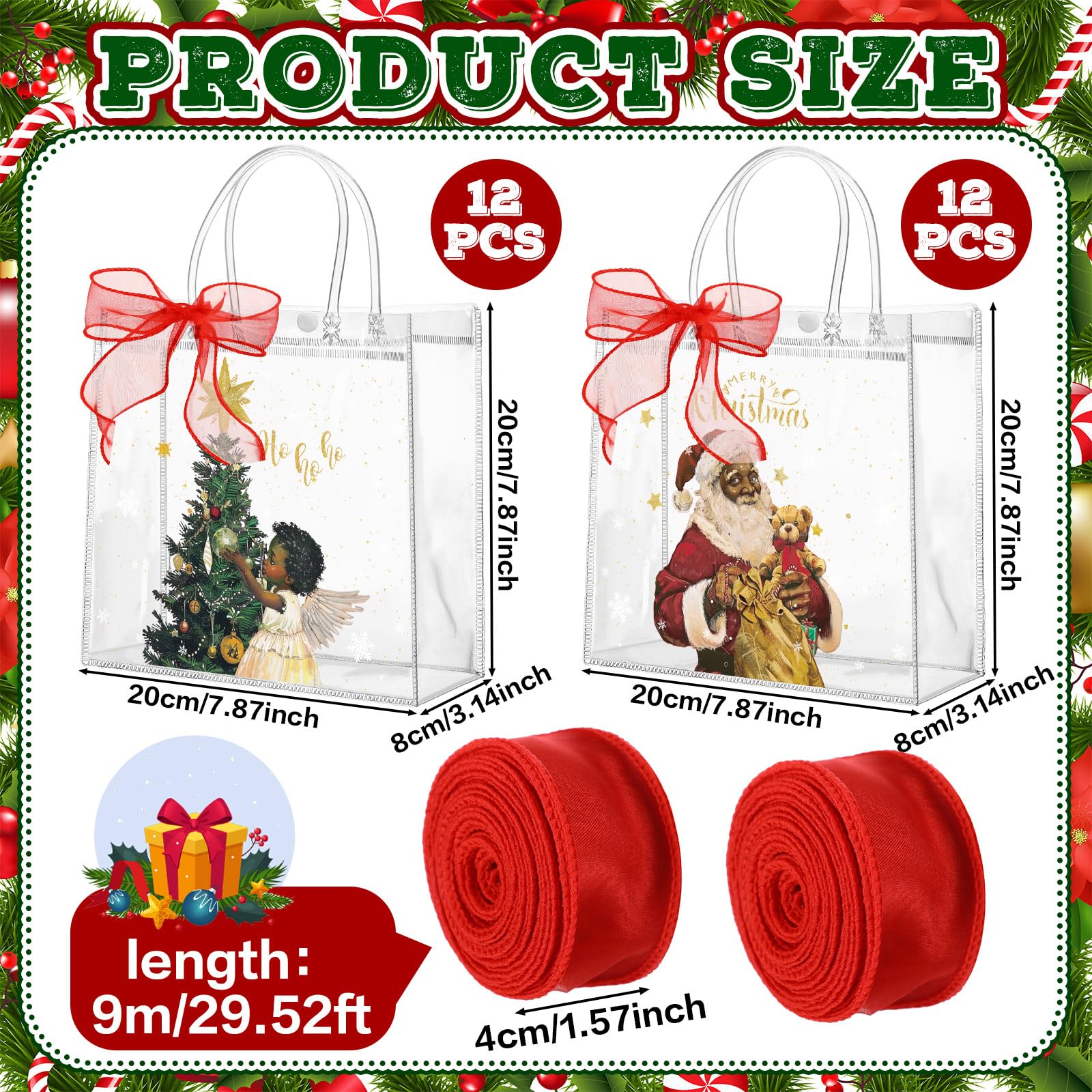 Motipuns 24 Pcs Christmas Clear PVC Gift Bags with Handles and Ribbon African American Black Santa Claus Party Favor Reusable Plastic Candy Treat Tote Bags for Merry New year Xmas Birthday Supplies