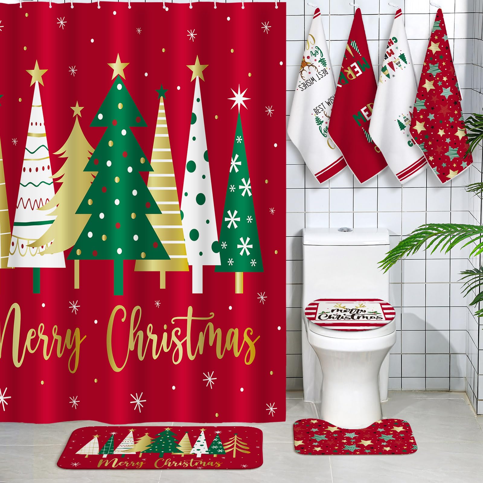 Honoson 8 Pcs Christmas Black Santa Claus Shower Curtain Set with Rugs and Kitchen Towels African American Retro Christmas Bathroom Decor Black Santa Curtain Decorations Xmas Farmhouse Gifts