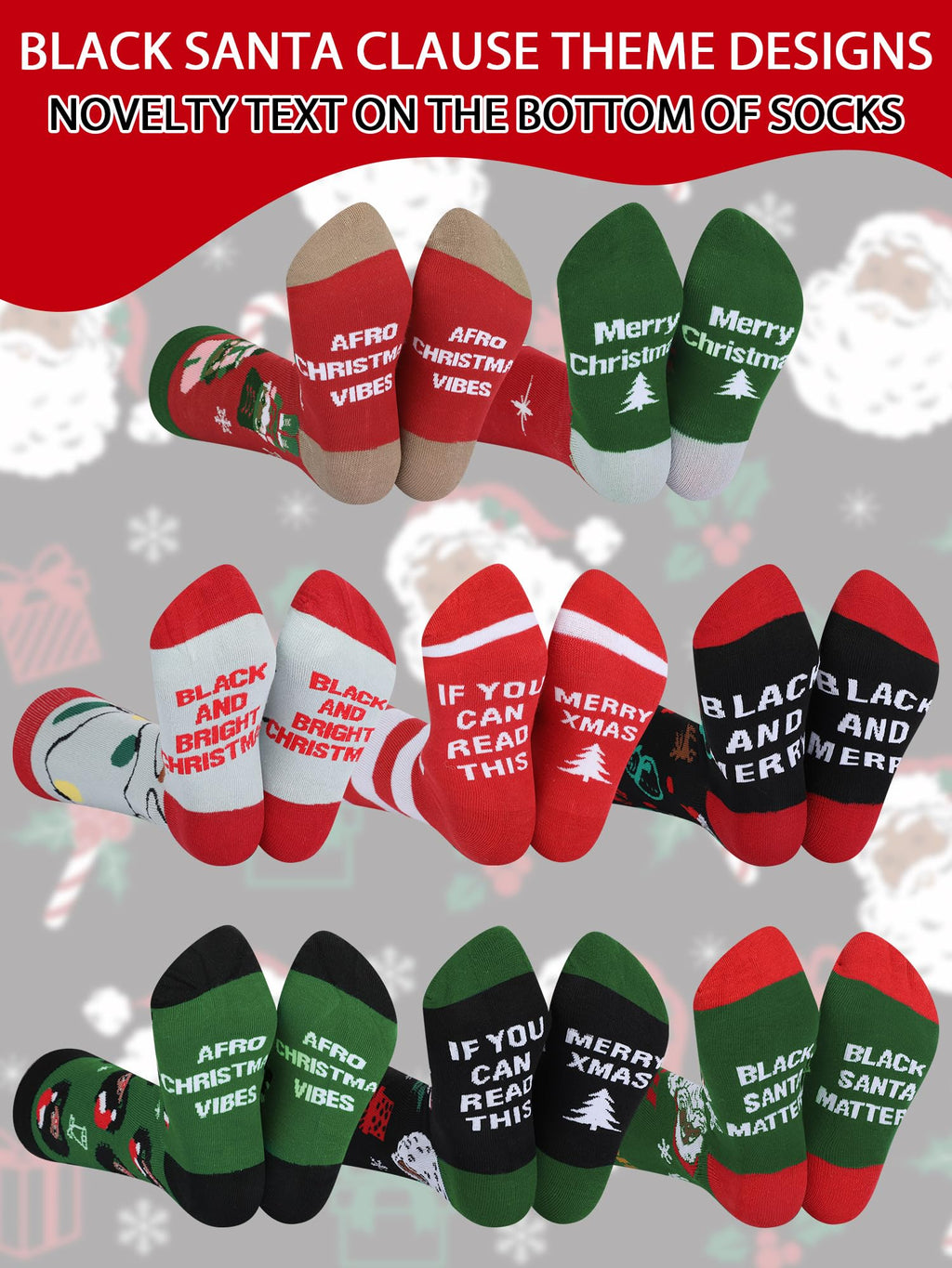8 Pairs Novelty Black Santa Christmas Socks Funny African American Santa Crew Socks for Christmas Stocking Stuffers