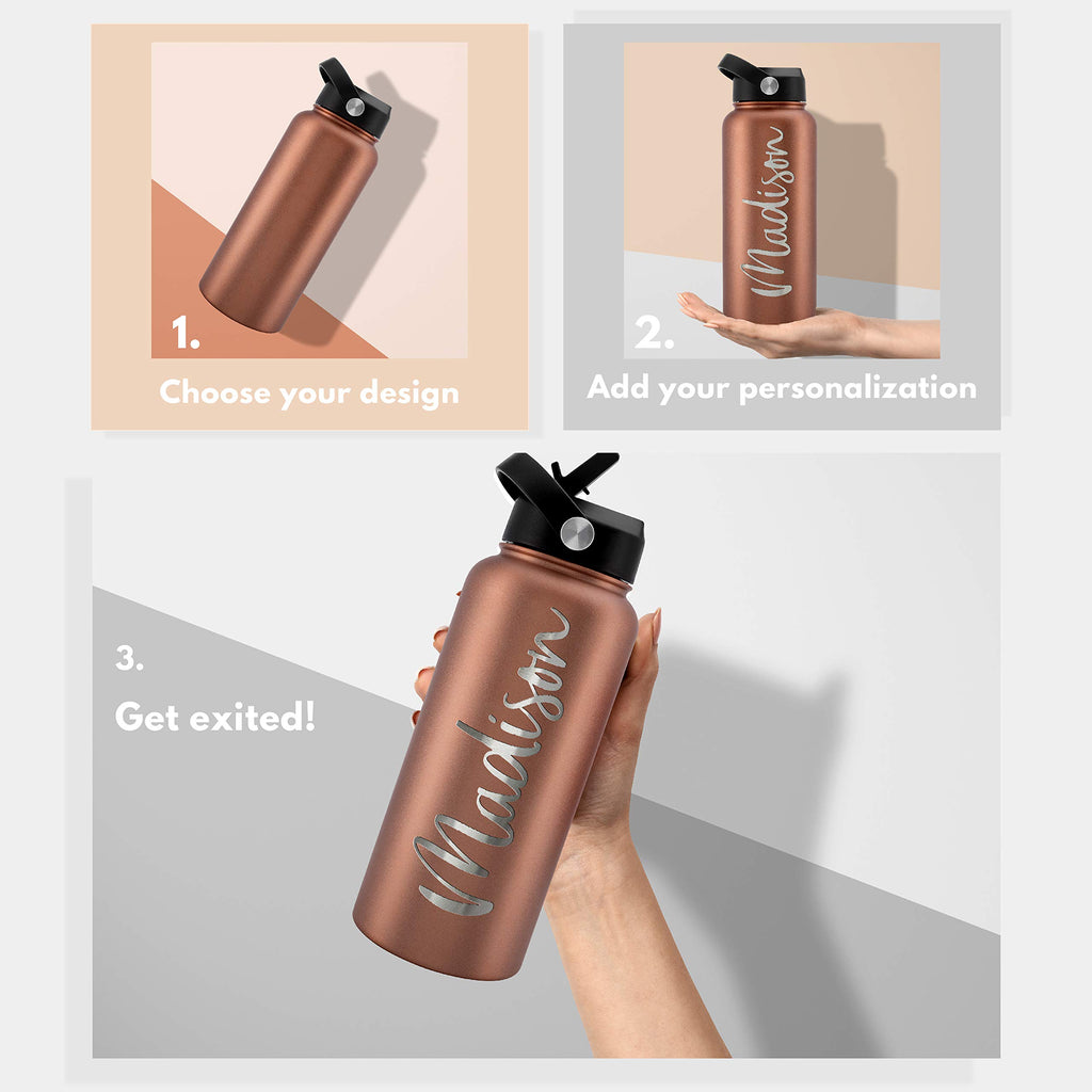 Amazing Items Personalized Water Bottle w/Straw & Lid, 18 oz - Black | Custom Stainless Steel Sports Water Bottle w/Name and Text - Double Wall, Vacuum Insulated - Rotating Handle