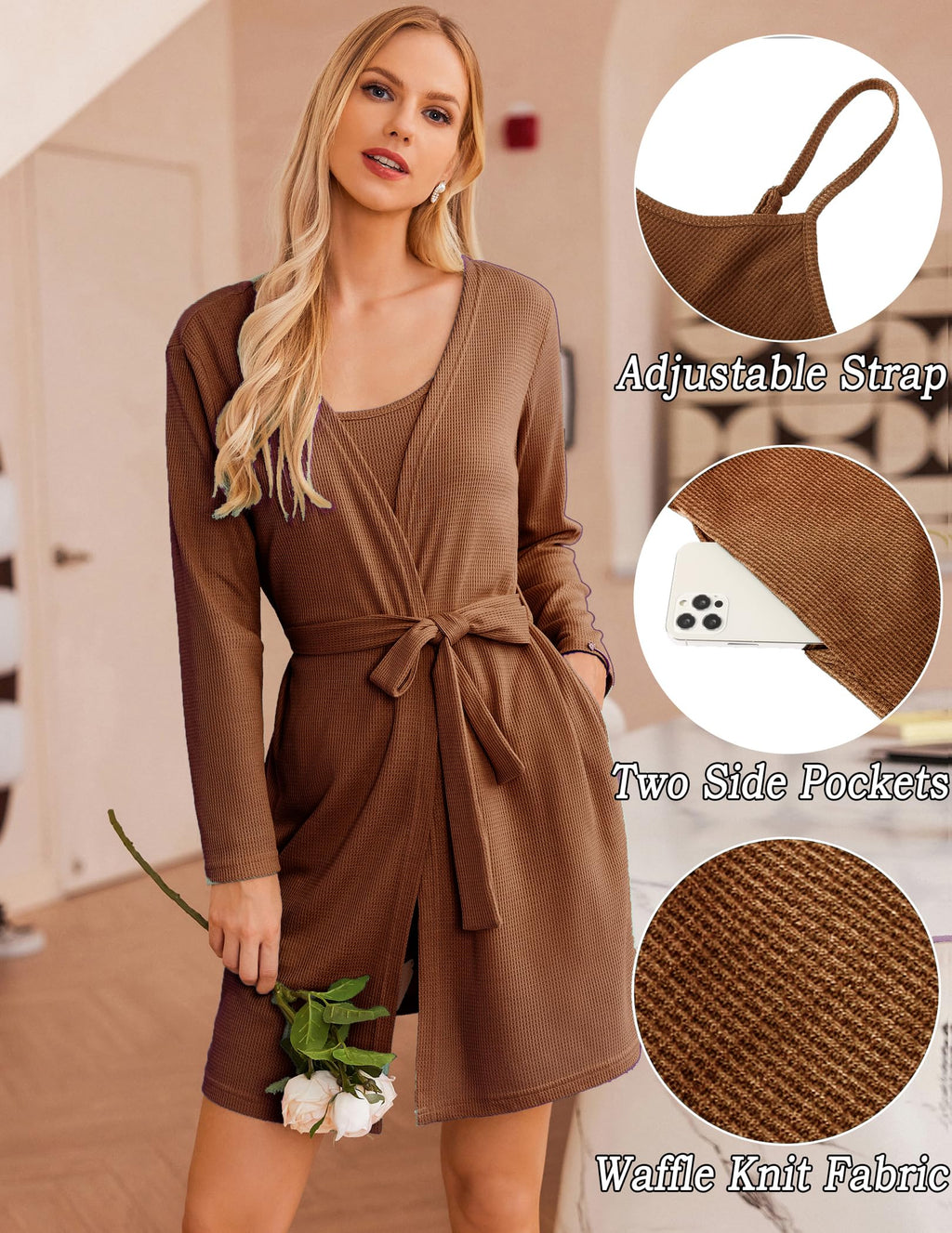 Ekouaer Womens 3 Piece Waffle Knit Lounge Set Soft Pajama Sets Tank Top and Shorts Cardigan with Pockets S-XXL