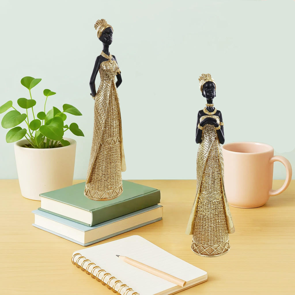 Set of 3 Resin African Woman Statues – Elegant Tribal Figurines in Gold Dresses, Afrocentric Home Decor Sculptures for Living Room, Bookshelf, Gift