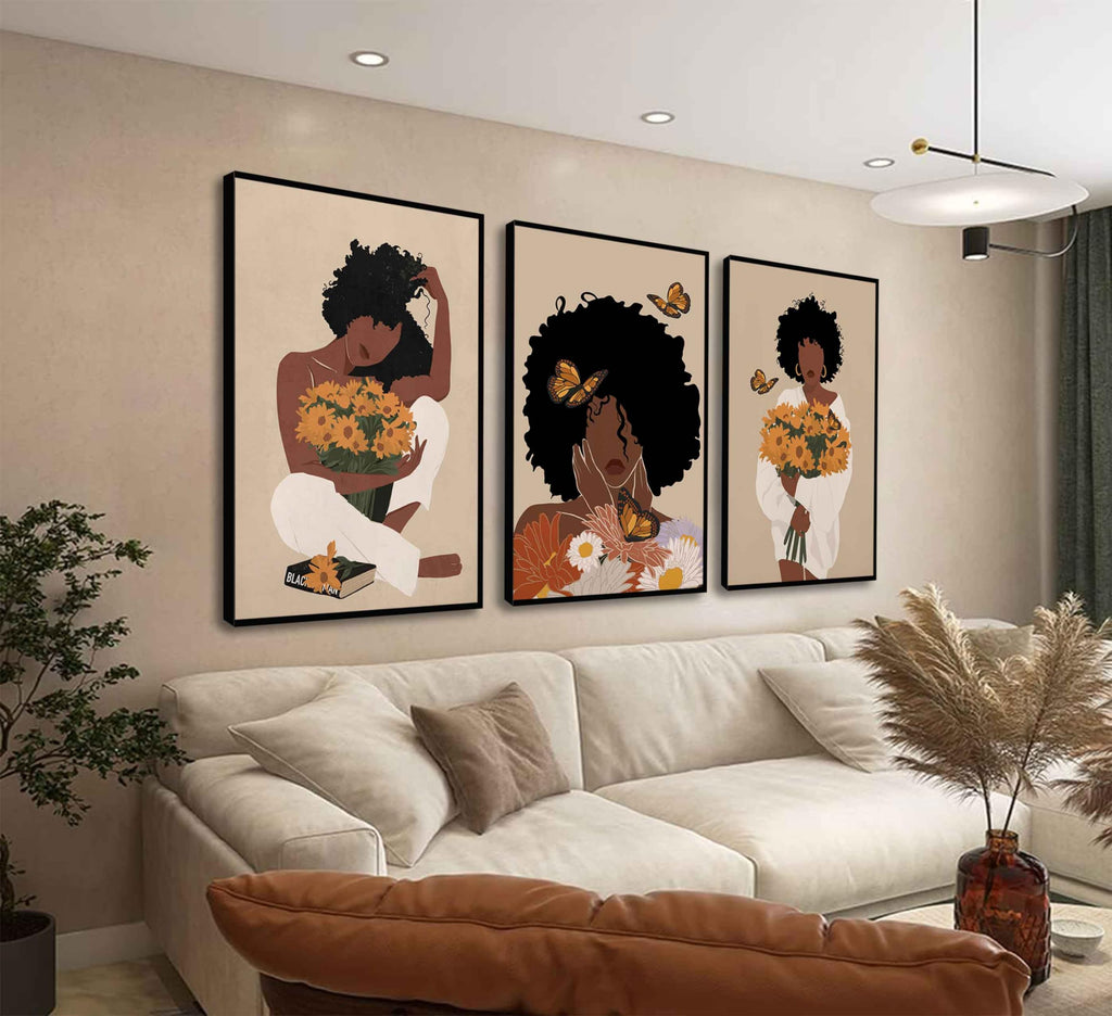 WSTUKVV 3Pcs Black Girl Bathroom Wall Art Boho Black Woman Posters Pictures African American Canvas Prints Fashion Abstract Paintings For Bathroom Home Bedroom Living Room Wall Decor Frame