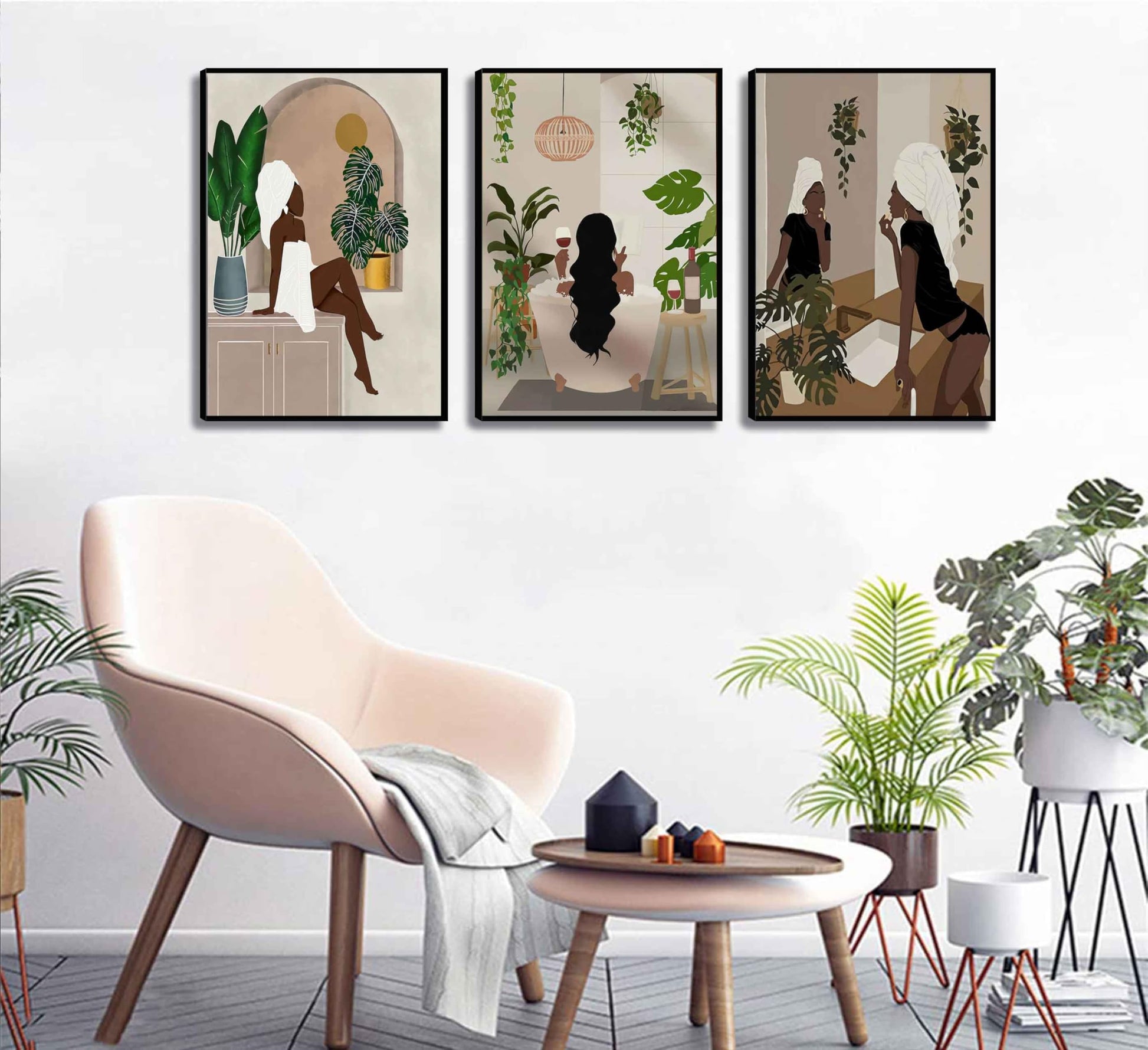 WSTUKVV 3Pcs Black Girl Bathroom Wall Art Boho Black Woman Posters Pictures African American Canvas Prints Fashion Abstract Paintings For Bathroom Home Bedroom Living Room Wall Decor Frame