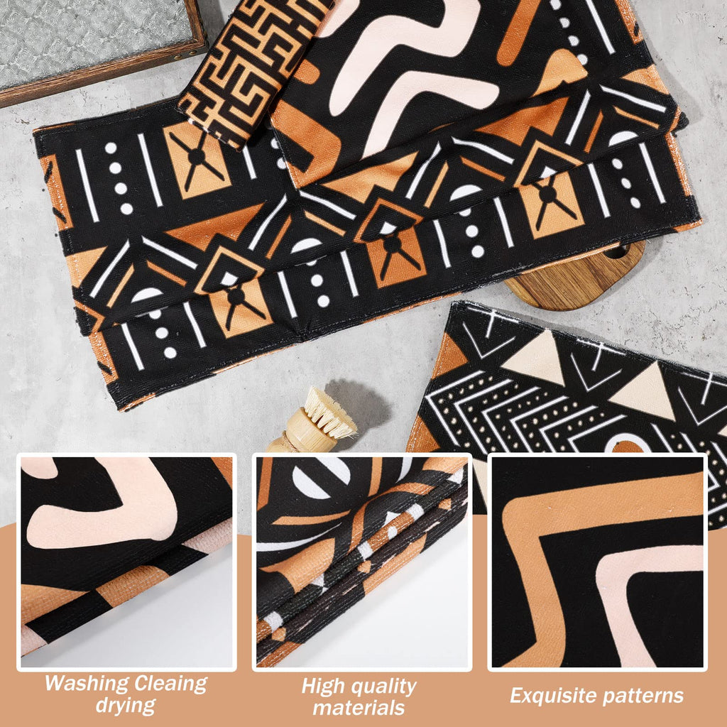 Lasnten African Kitchen Towels Set of 4 Boho Decorative Nativetea Dish Hand Towels Mudcloth Fabric Brown Ethnic Decor for Cooking Housewarming Kuba Tribal Home Decor(African Boho Style)