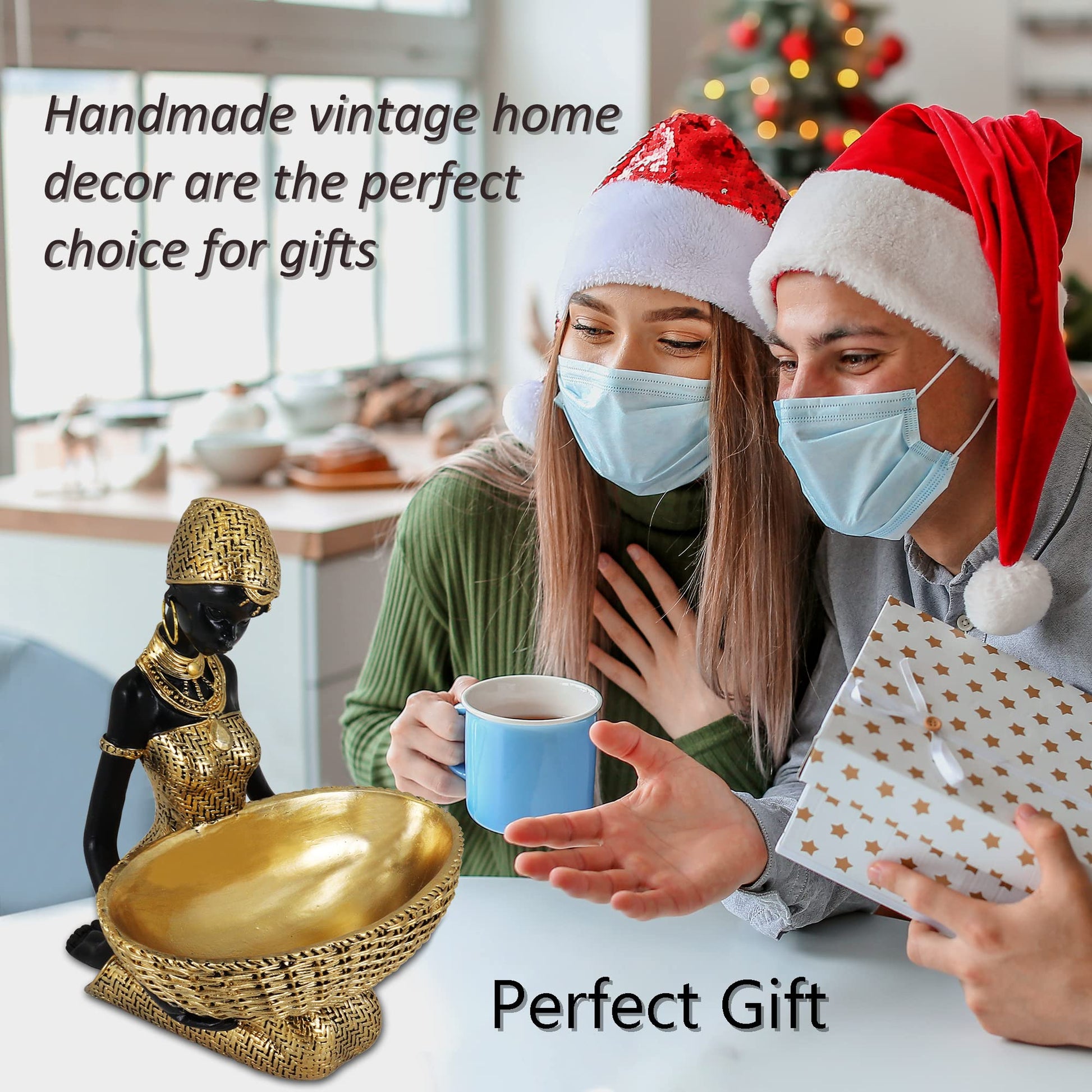 Handmade African Tribal Woman Sculpture - Gold Adorned Seated Figure with Basket, Vintage Resin Statue for Home Decor, Unique Housewarming Gift for Shelf/Table (9.65" H)