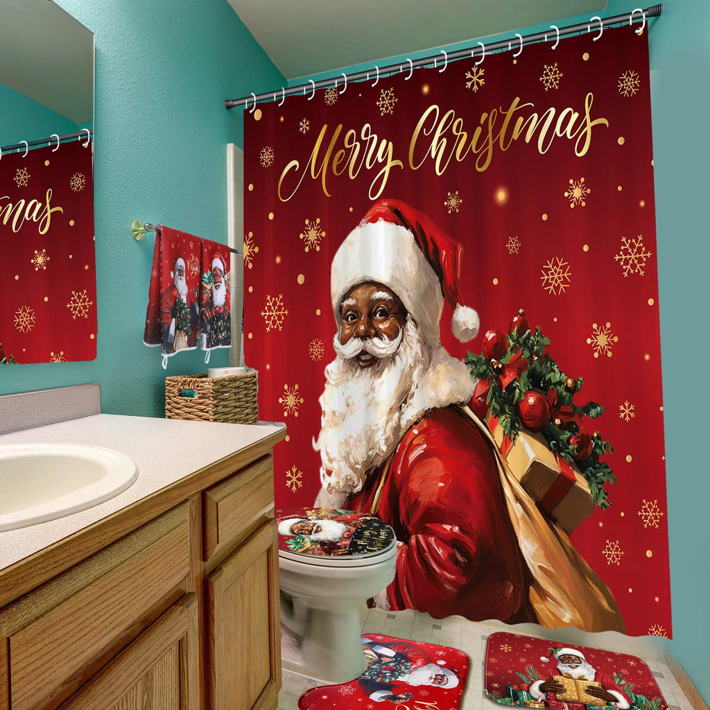 Honoson 8 Pcs Christmas Black Santa Claus Shower Curtain Set with Rugs and Kitchen Towels African American Retro Christmas Bathroom Decor Black Santa Curtain Decorations Xmas Farmhouse Gifts