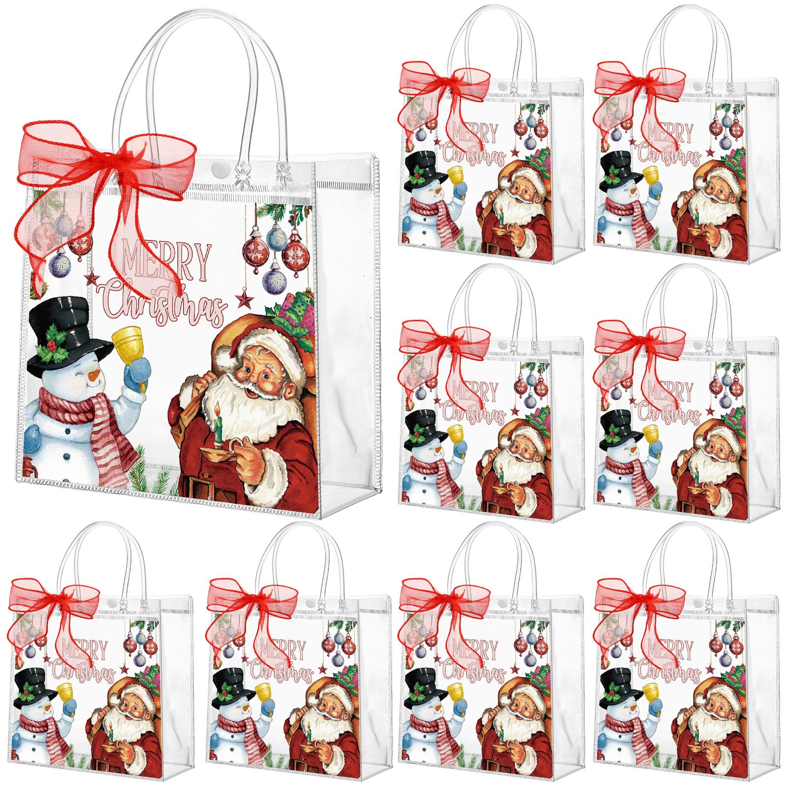 Motipuns 24 Pcs Christmas Clear PVC Gift Bags with Handles and Ribbon African American Black Santa Claus Party Favor Reusable Plastic Candy Treat Tote Bags for Merry New year Xmas Birthday Supplies