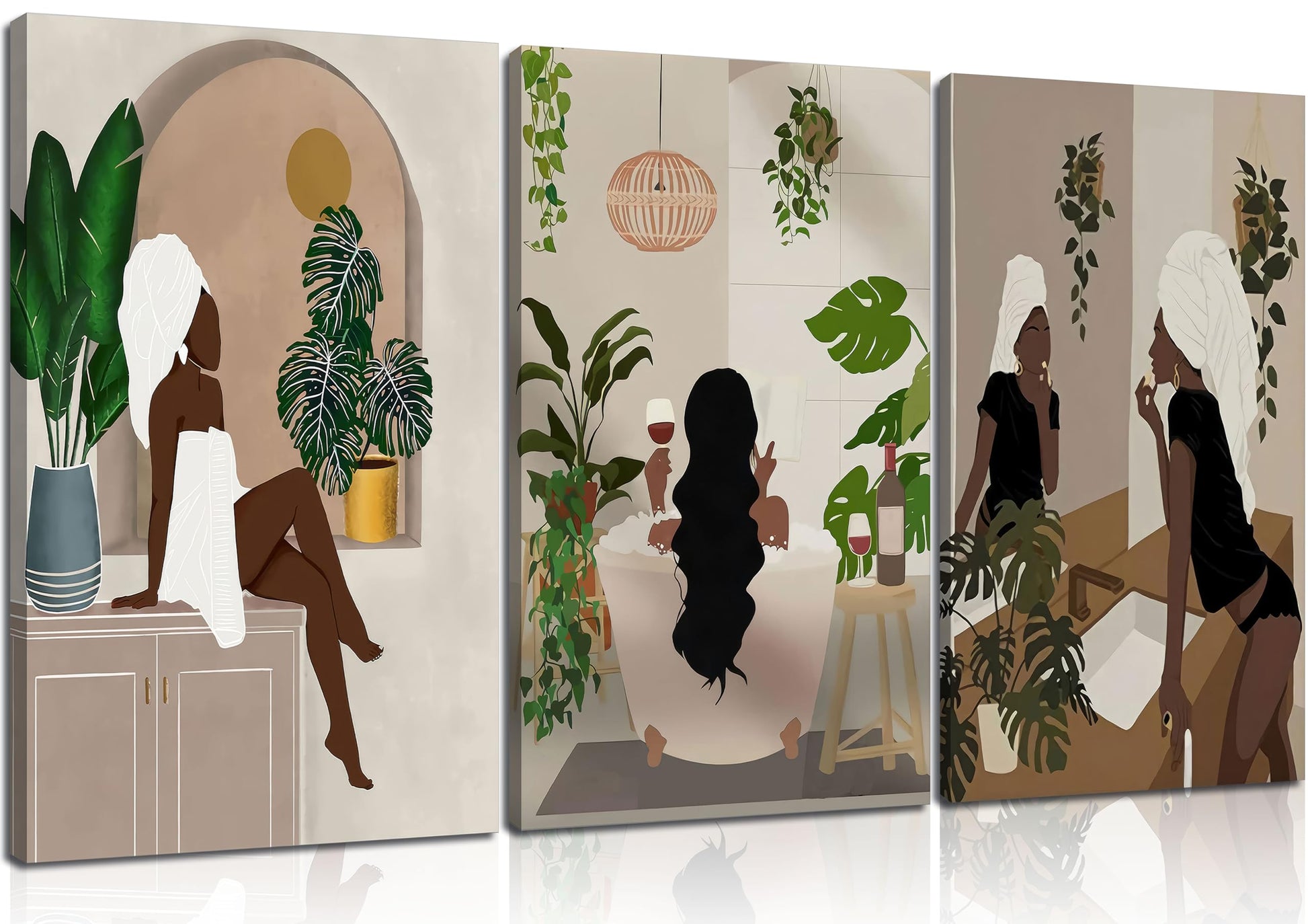 WSTUKVV 3Pcs Black Girl Bathroom Wall Art Boho Black Woman Posters Pictures African American Canvas Prints Fashion Abstract Paintings For Bathroom Home Bedroom Living Room Wall Decor Frame