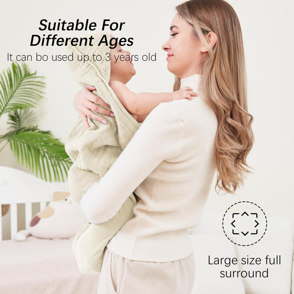 SWEET DOLPHIN Muslin Hooded Baby Bath Towels - 2 Pack 100% Cotton Towel for Babies, Infants, Toddlers - 32x32Inch - Highly Absorbent and Newborn Essential, Light Bean Paste