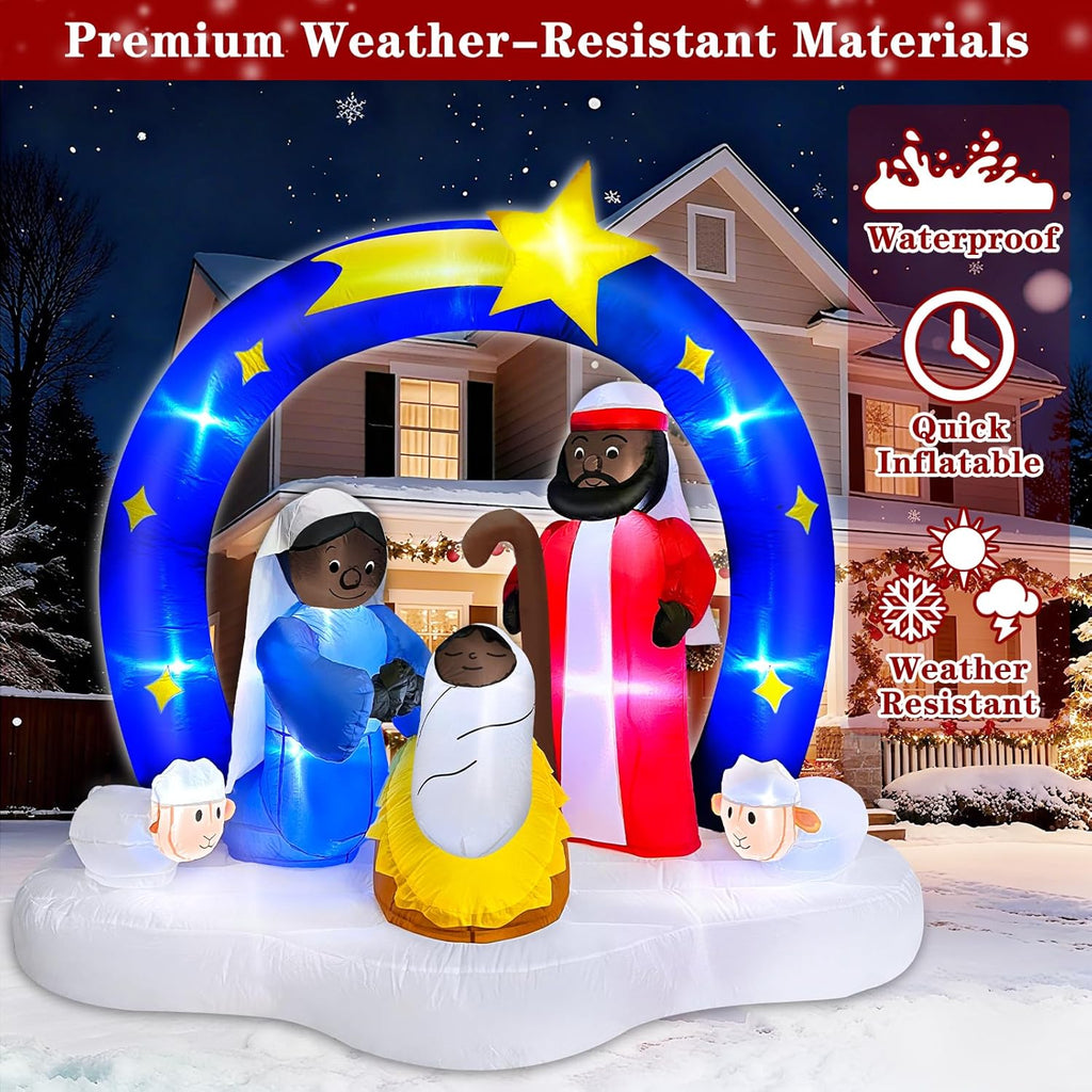 7 FT Long 6 Ft Tall African American Christmas Inflatable Black Nativity Set Built-in LED Lights The Birth of Jesus Scene with Star of Bethlehem Archway Blow up for Yard Garden Xmas Holiday Decor