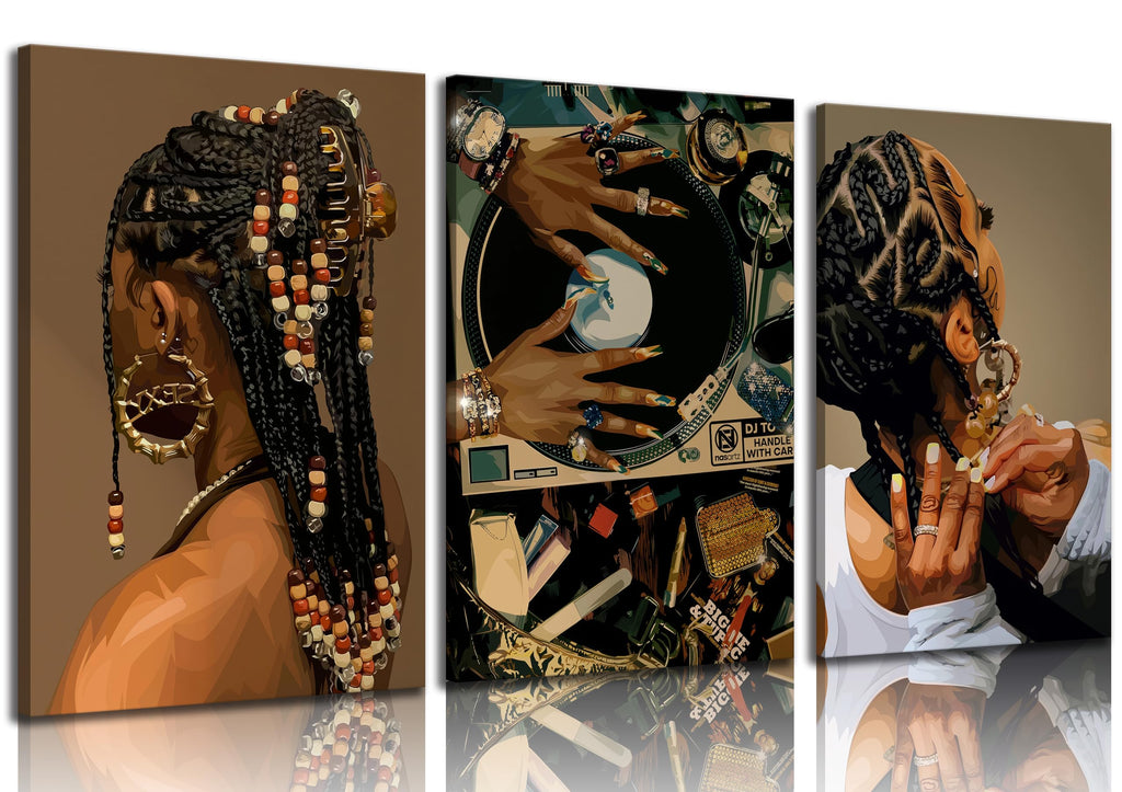 3Pcs Black Woman Canvas Wall art Boho Fashion Black Girl Painting Picture Wall Decor Abstract African American Poster Print Artwork for Living Room Bedroom Office Home Decoration,16x24in Canvas