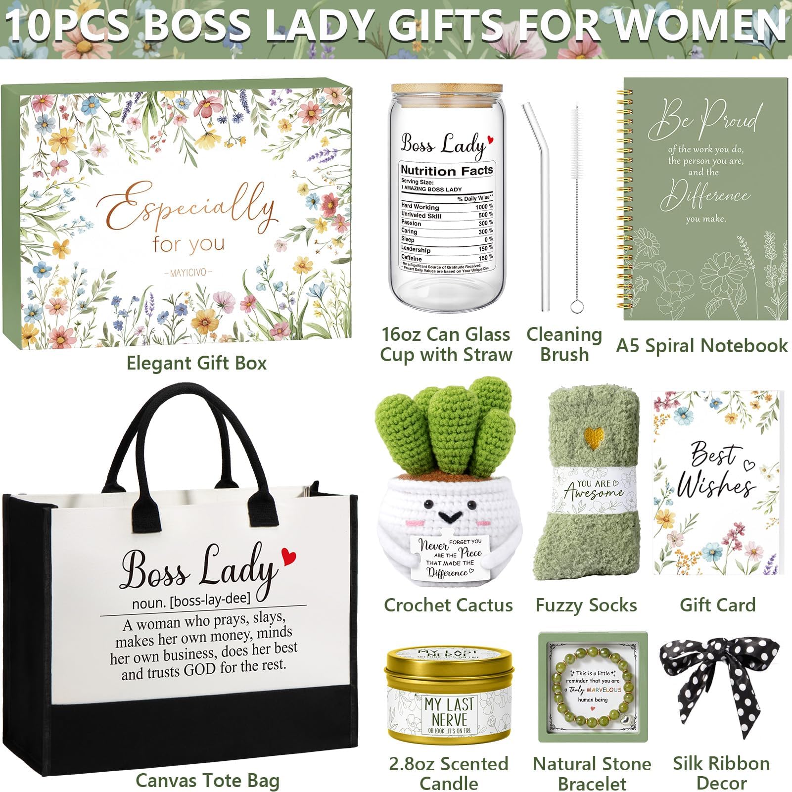 Bosses Day Gifts for Women, Best Boss Lady Gifts for Women, Unique Appreciation Thank You Christmas Birthday Gift Baskets for Boss Female, Going Away Leaving Bosses Gift Set w/Canvas Tote Bag