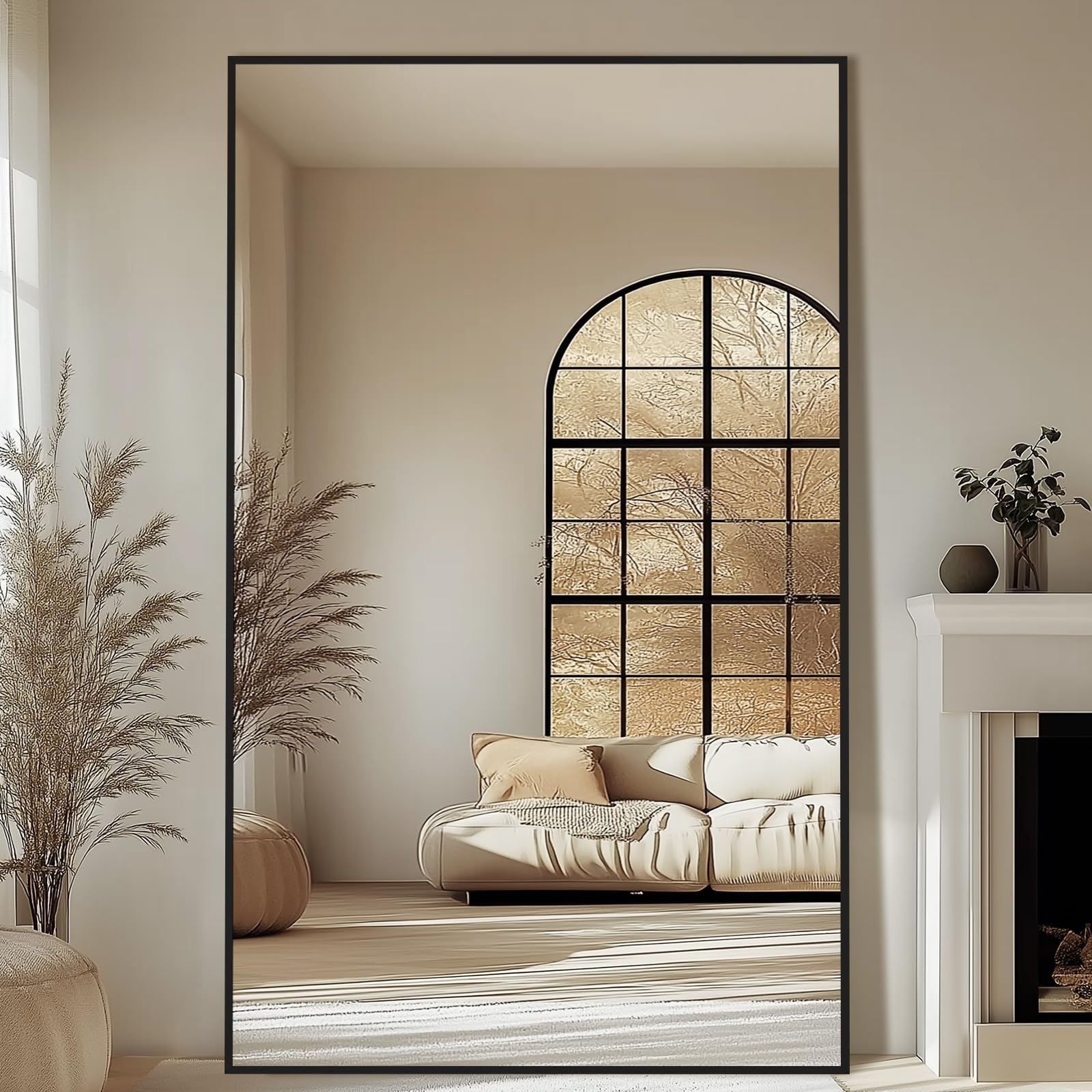 Oversized Floor Mirror Full Length with Stand, 72"X44" Extra Large Arch Standing Mirror Full Length, Tempered Glass Black Full Body Mirror for Bedroom Living Room, Aluminum Alloy Frame