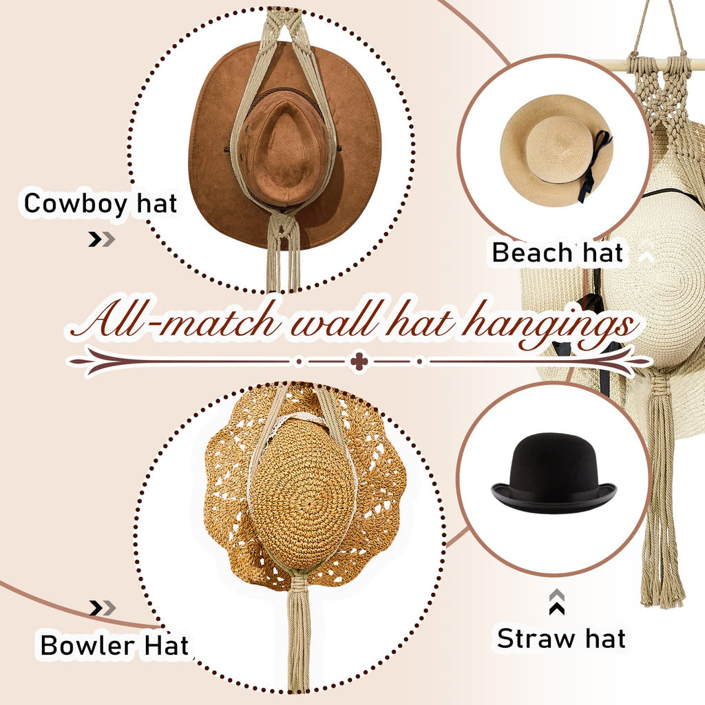 Yulejo Macrame Hat Hangers Boho Hat Rack for Wall Western Cowboy Hanging Organizer for Door Wall Room Bedroom
