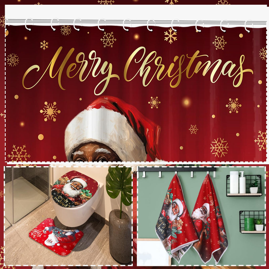 Honoson 8 Pcs Christmas Black Santa Claus Shower Curtain Set with Rugs and Kitchen Towels African American Retro Christmas Bathroom Decor Black Santa Curtain Decorations Xmas Farmhouse Gifts