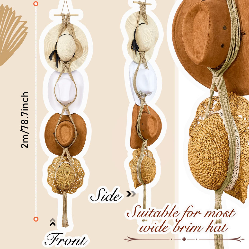 Yulejo Macrame Hat Hangers Boho Hat Rack for Wall Western Cowboy Hanging Organizer for Door Wall Room Bedroom